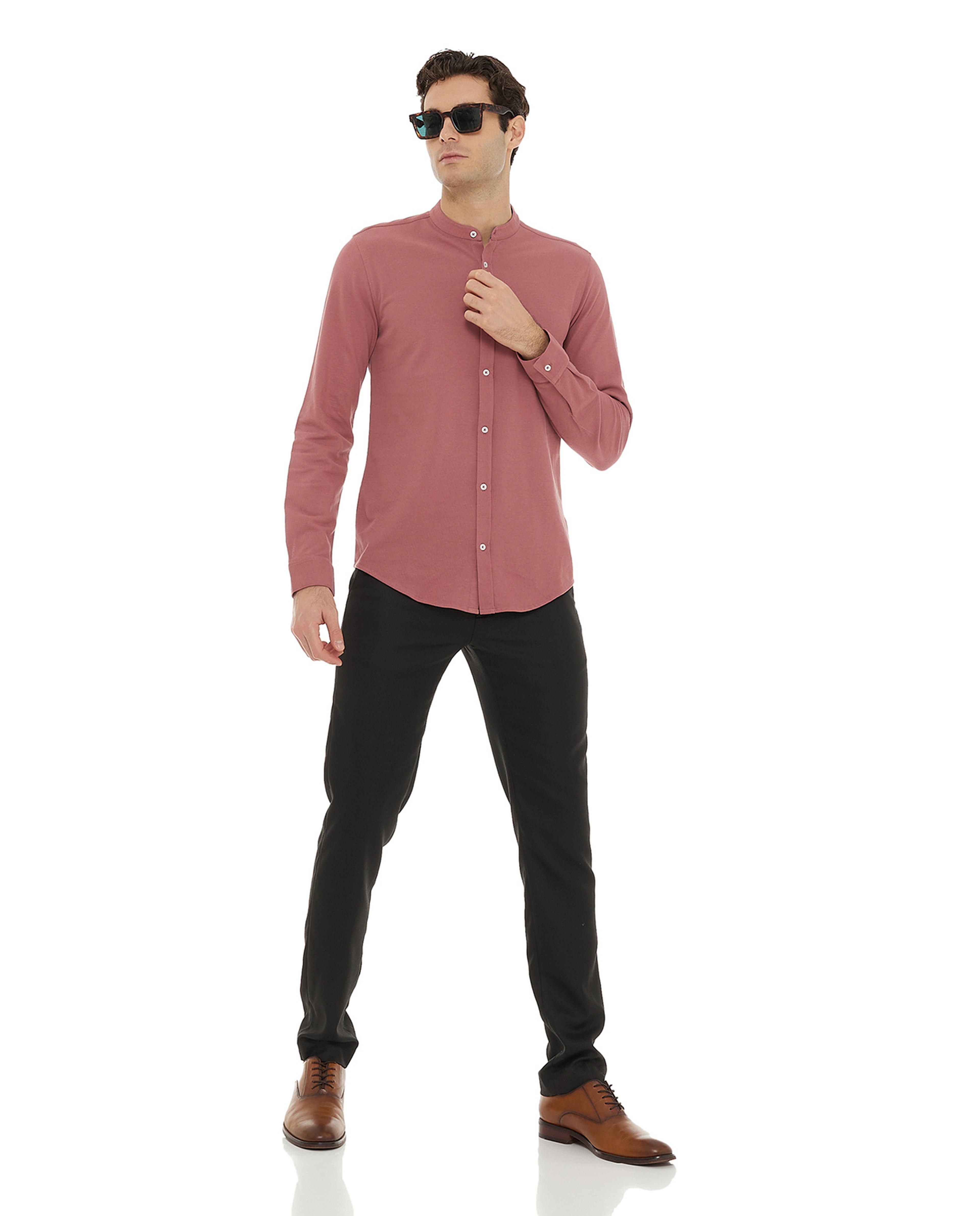 Solid Shirt with Mandarin Collar and Long Sleeves