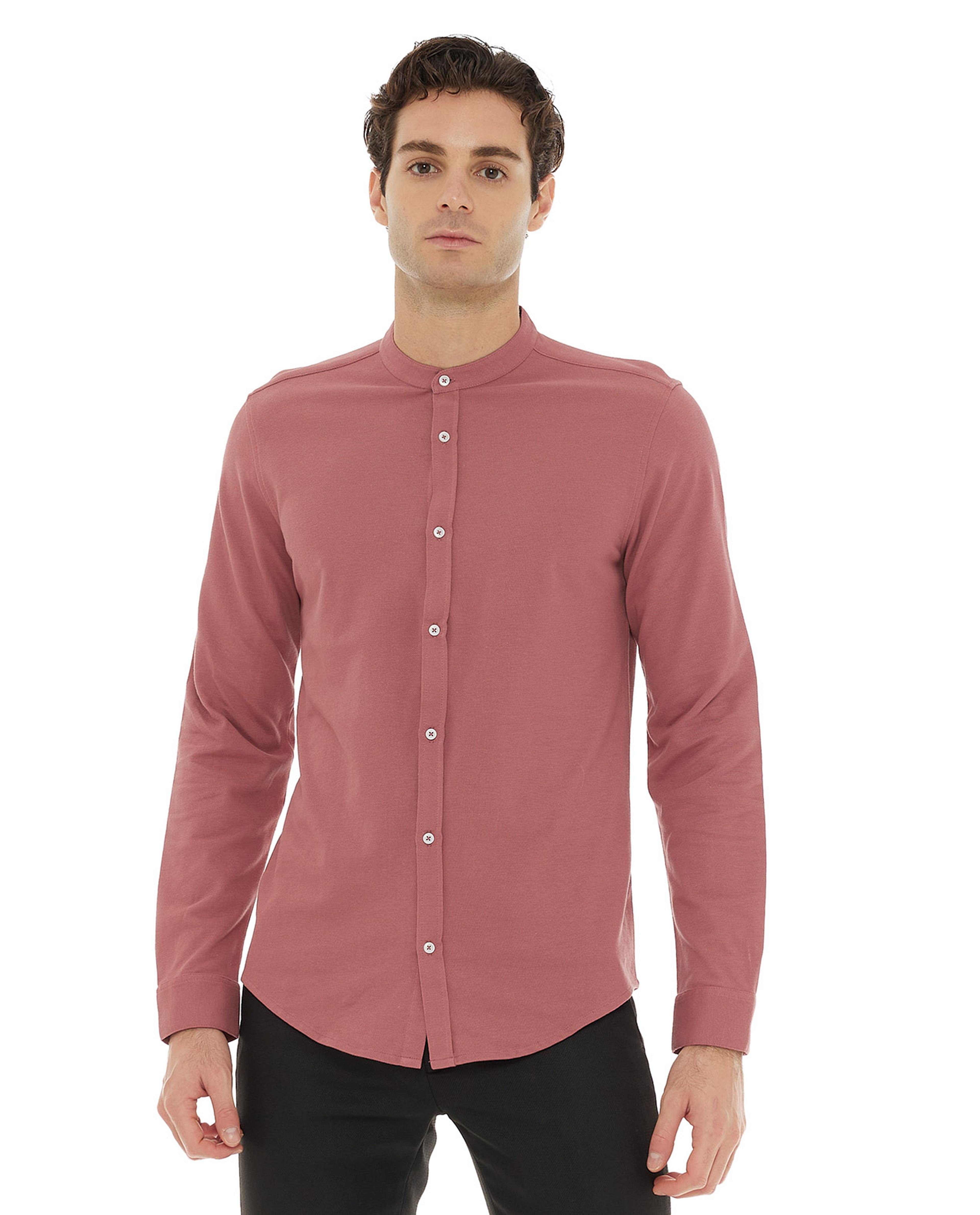 Solid Shirt with Mandarin Collar and Long Sleeves