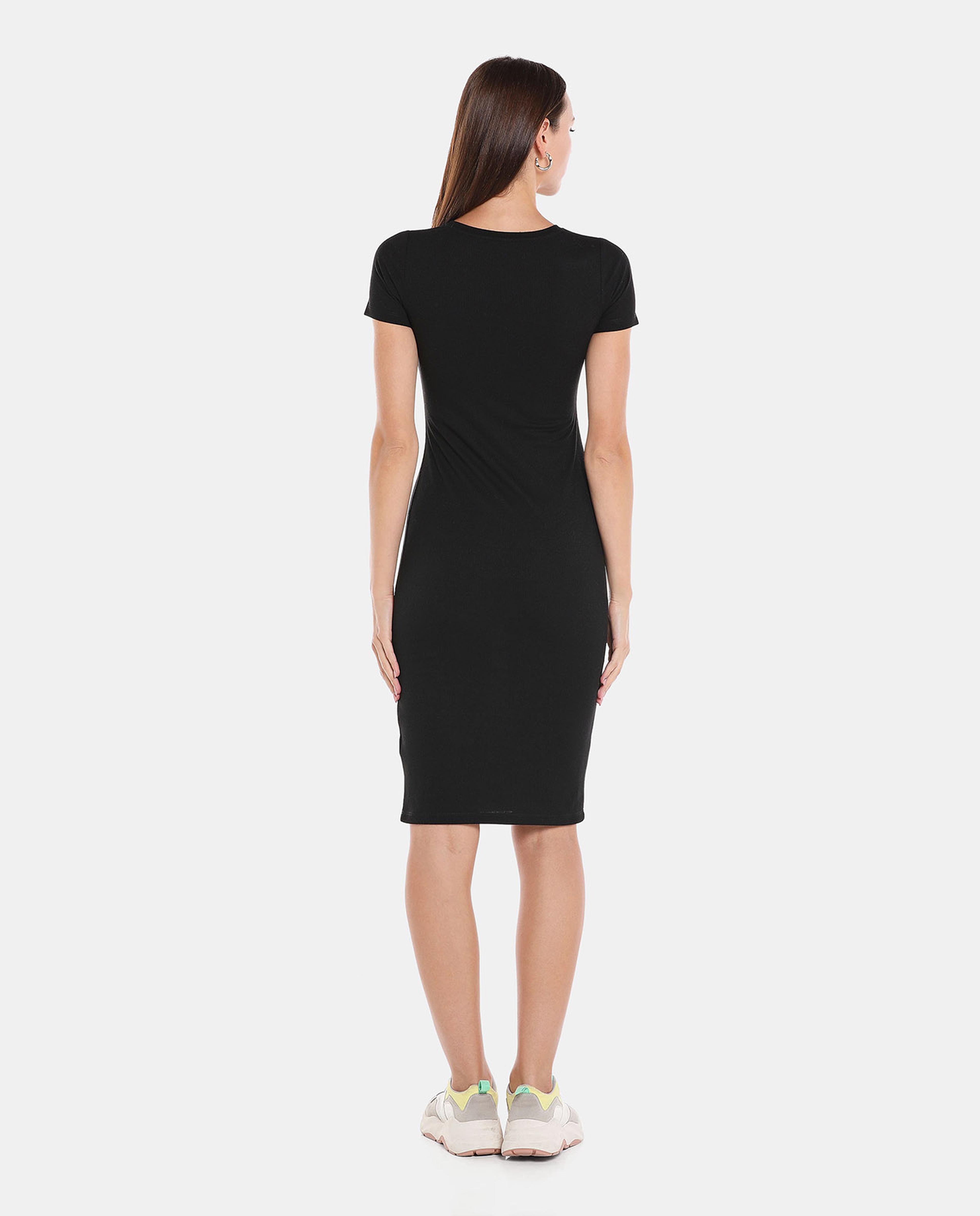 Black Solid Bodycon Knee Length Dress