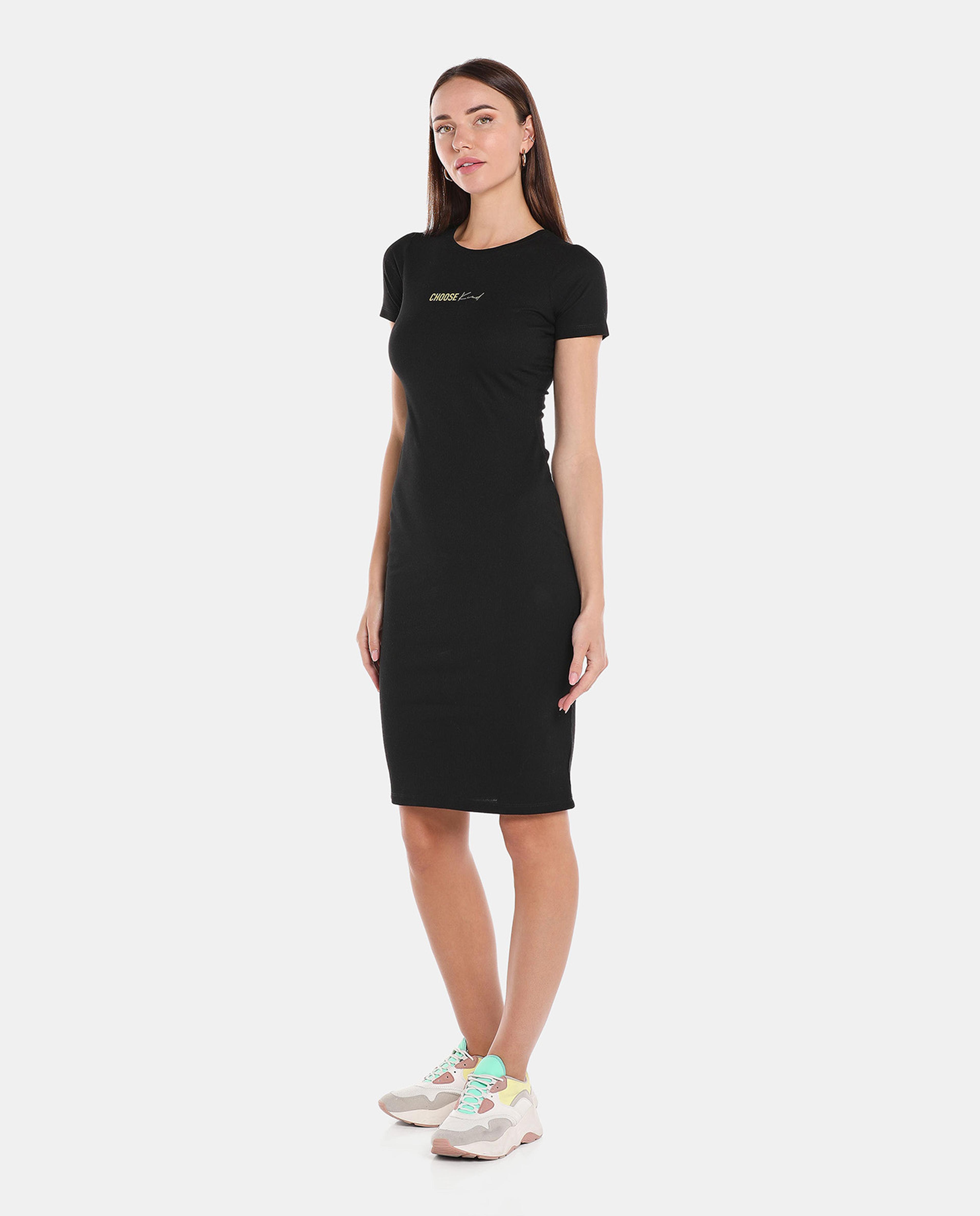 Black Solid Bodycon Knee Length Dress
