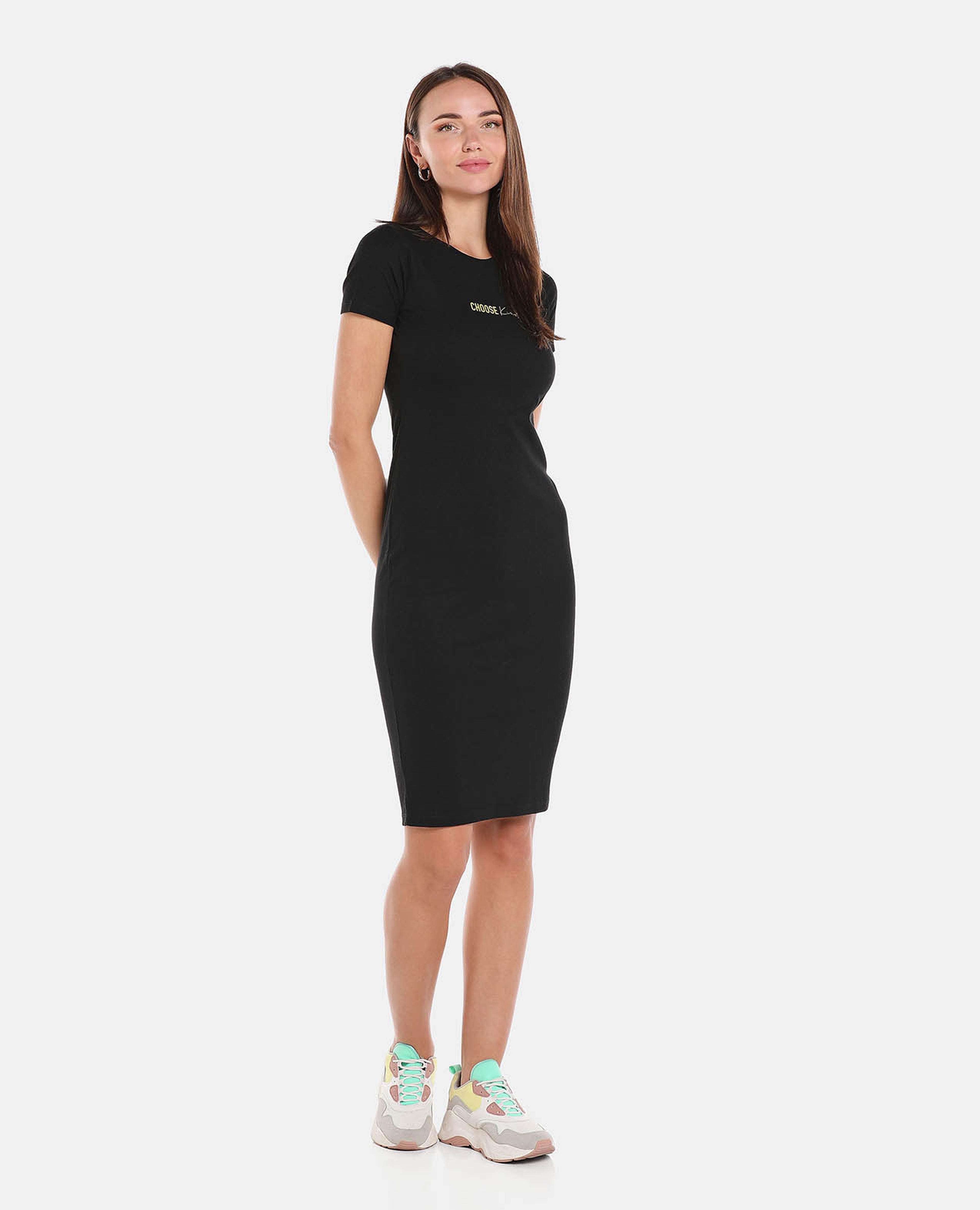 Black Solid Bodycon Knee Length Dress