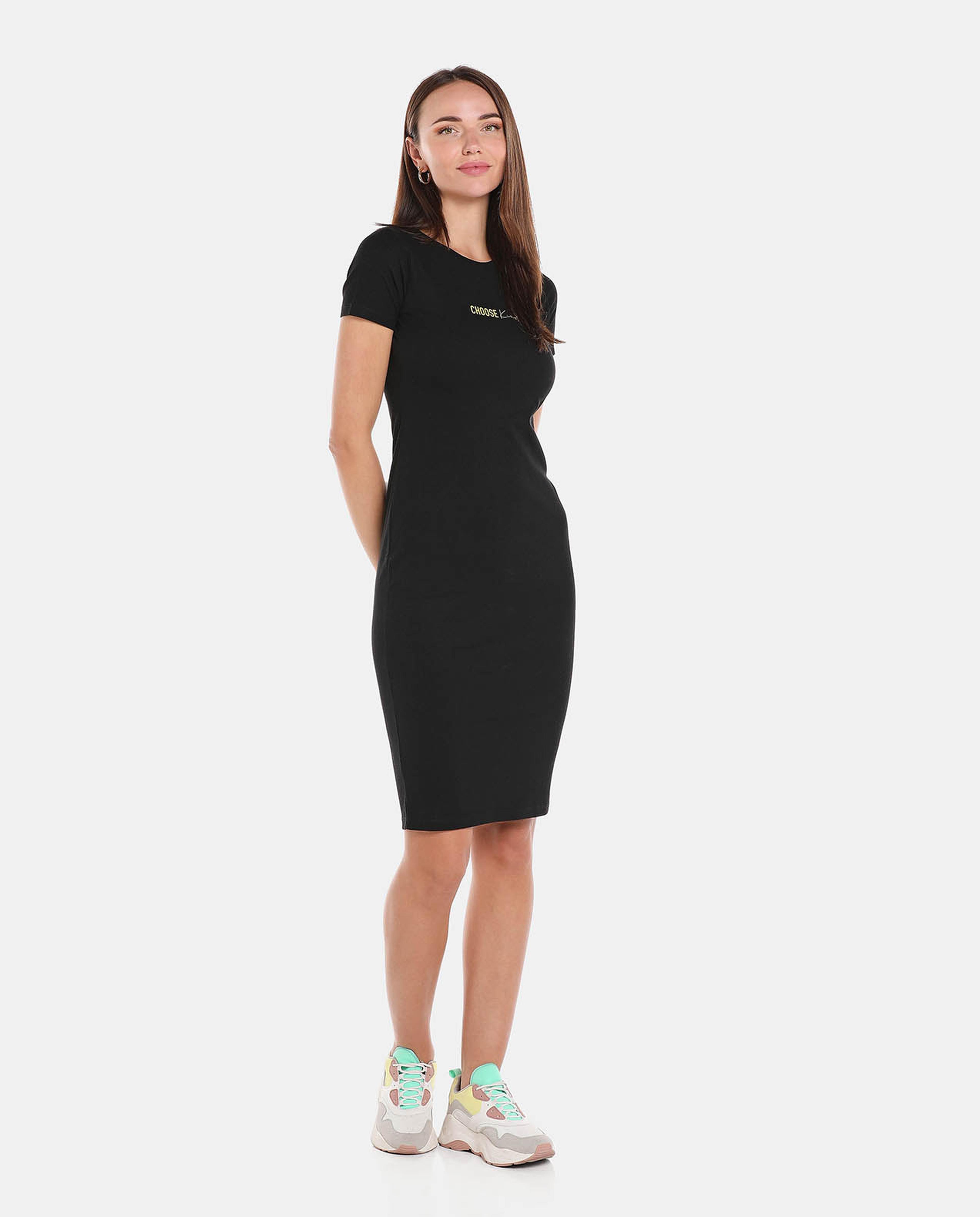 Black Solid Bodycon Knee Length Dress