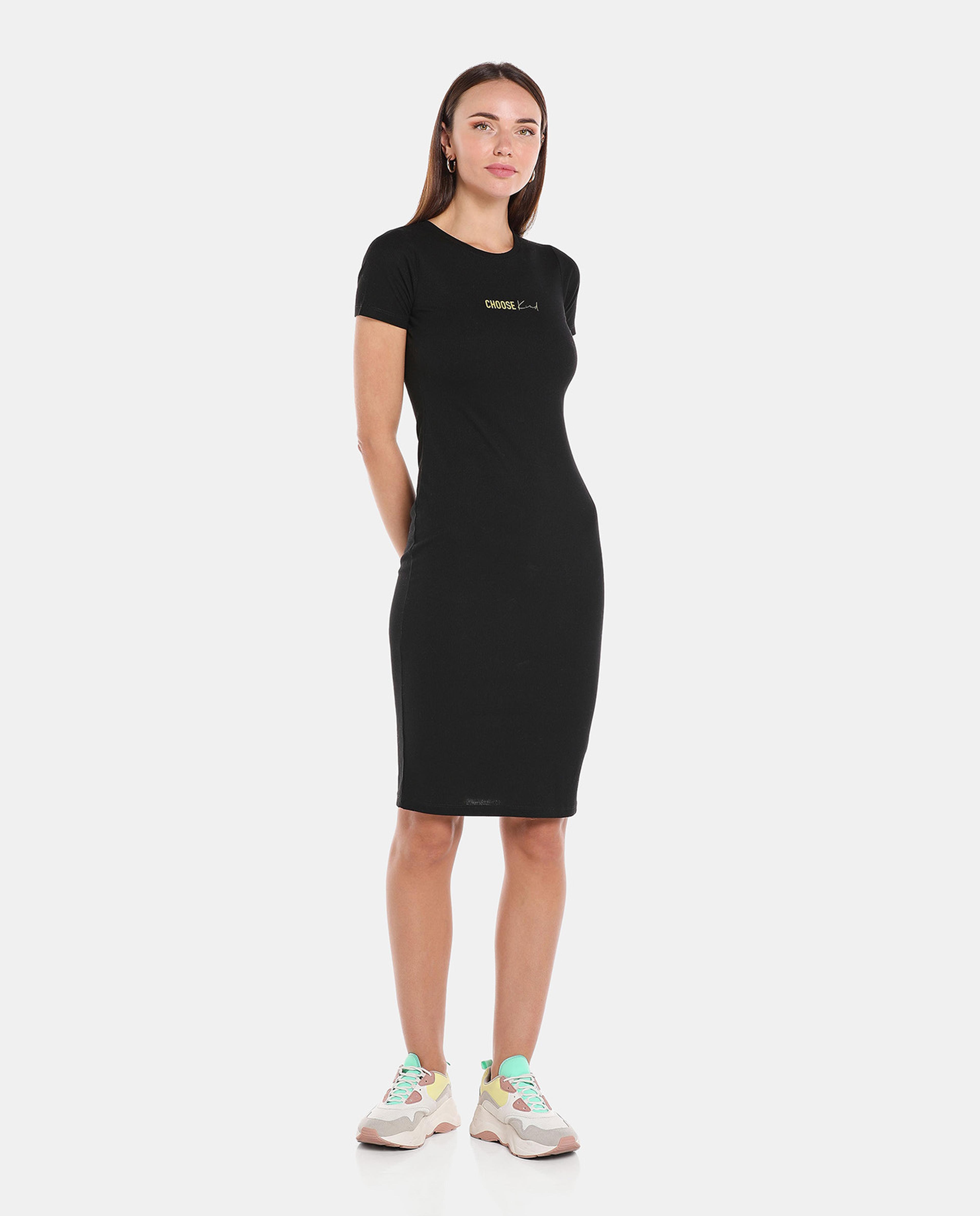 Black Solid Bodycon Knee Length Dress
