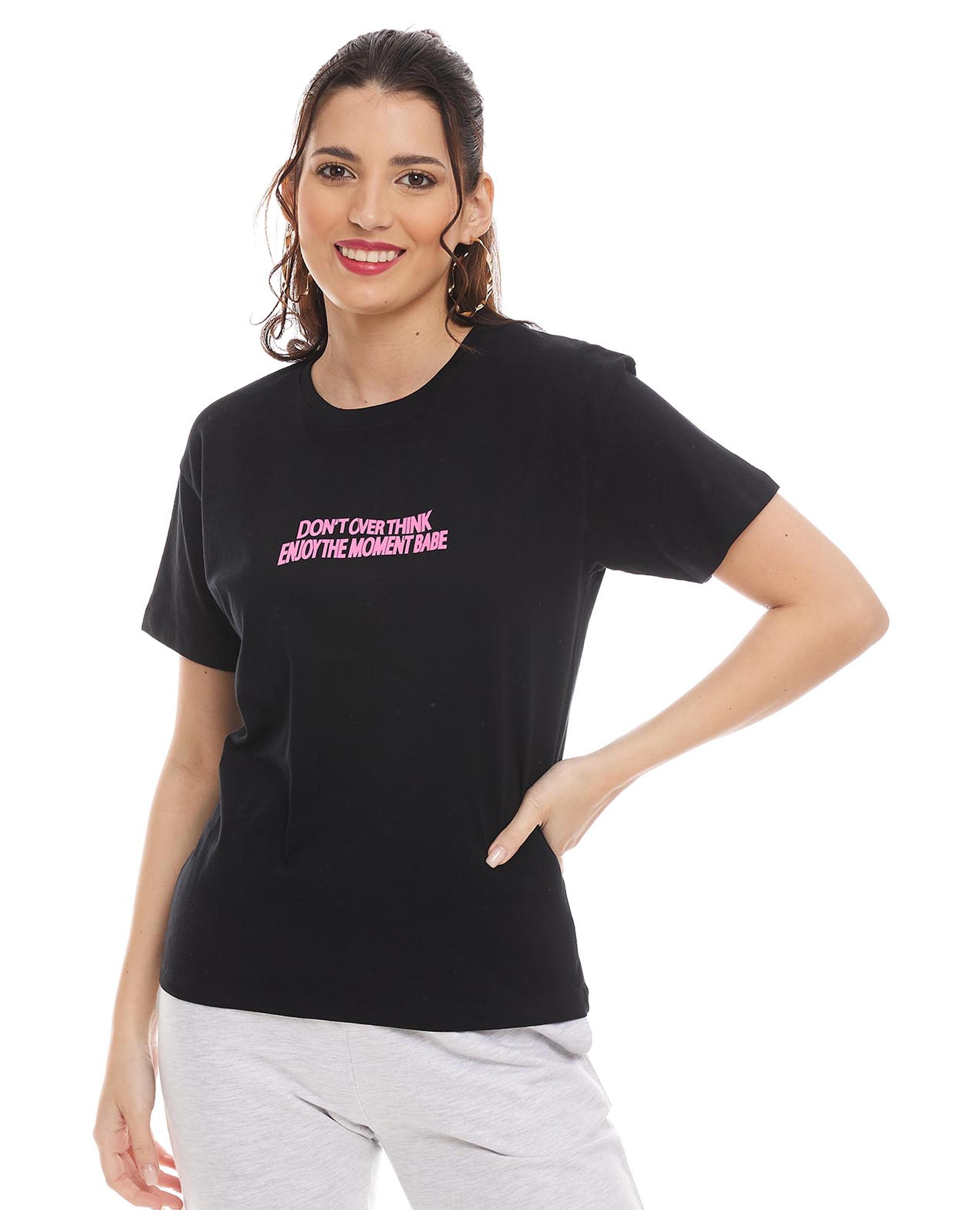 Typography Printed T-Shirt with Crew Neck and Short Sleeves