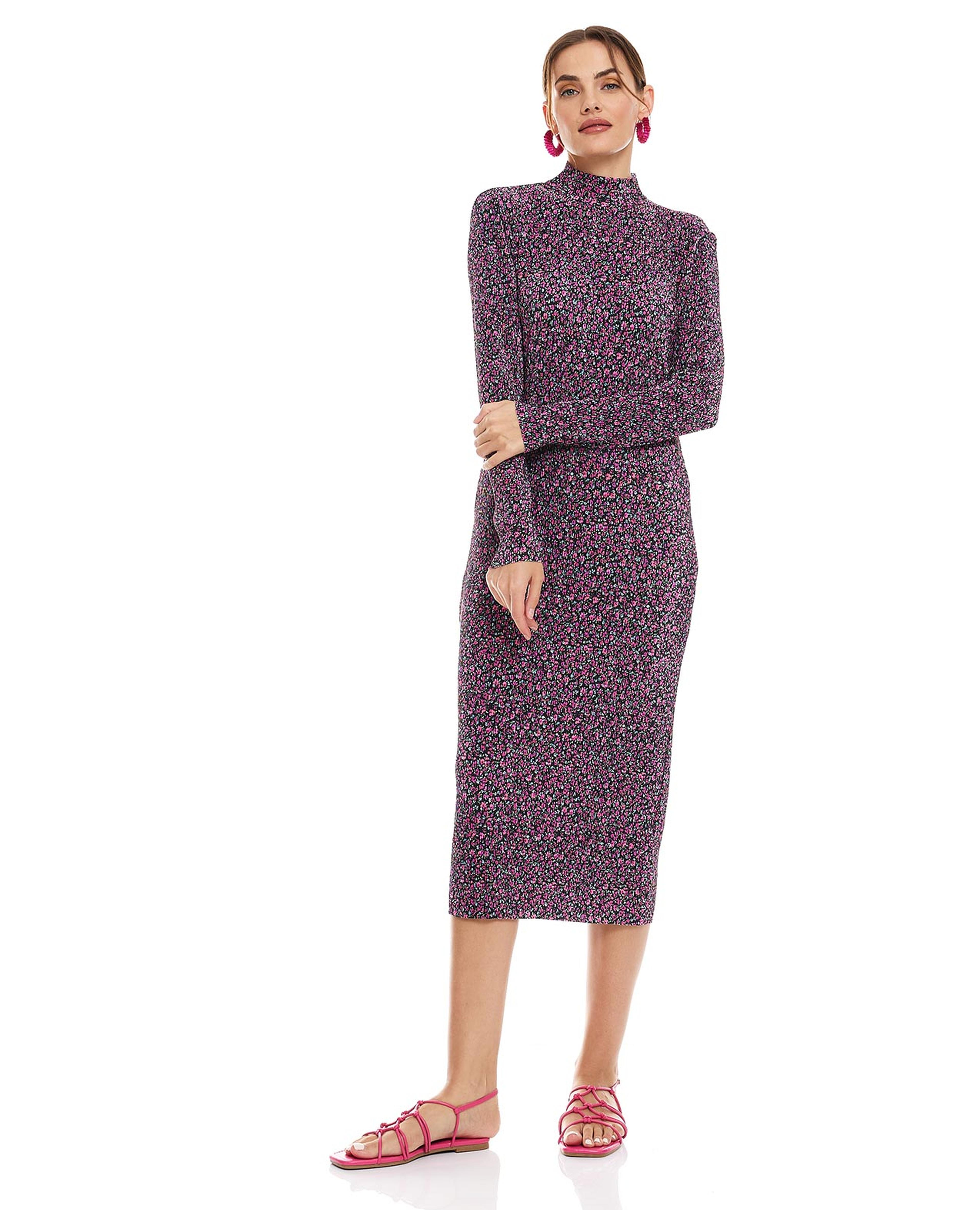 Printed Midi Dress with Mock Neck and Long Sleeves