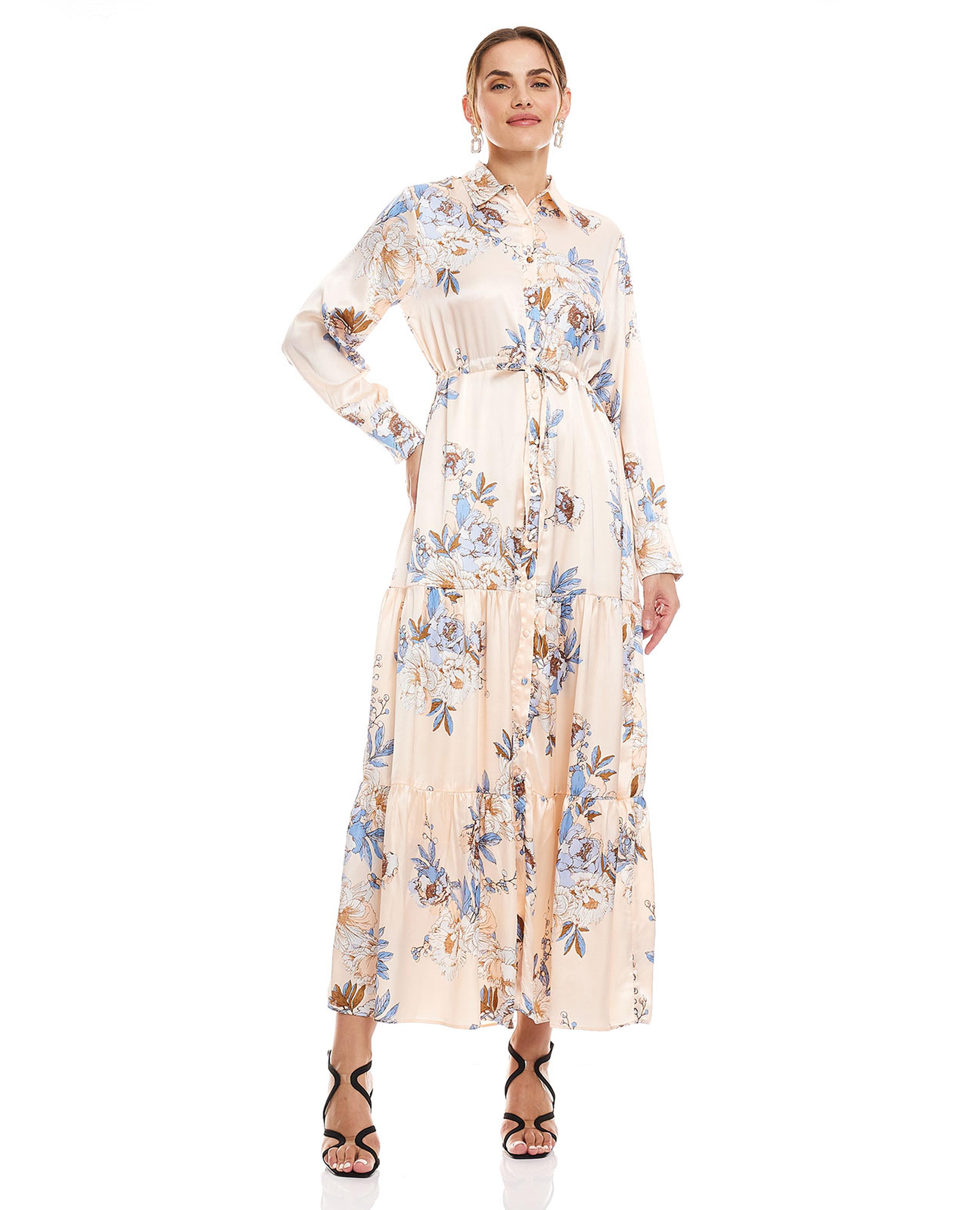 Floral Printed Maxi Dress with Shirt Collar and Long Sleeves