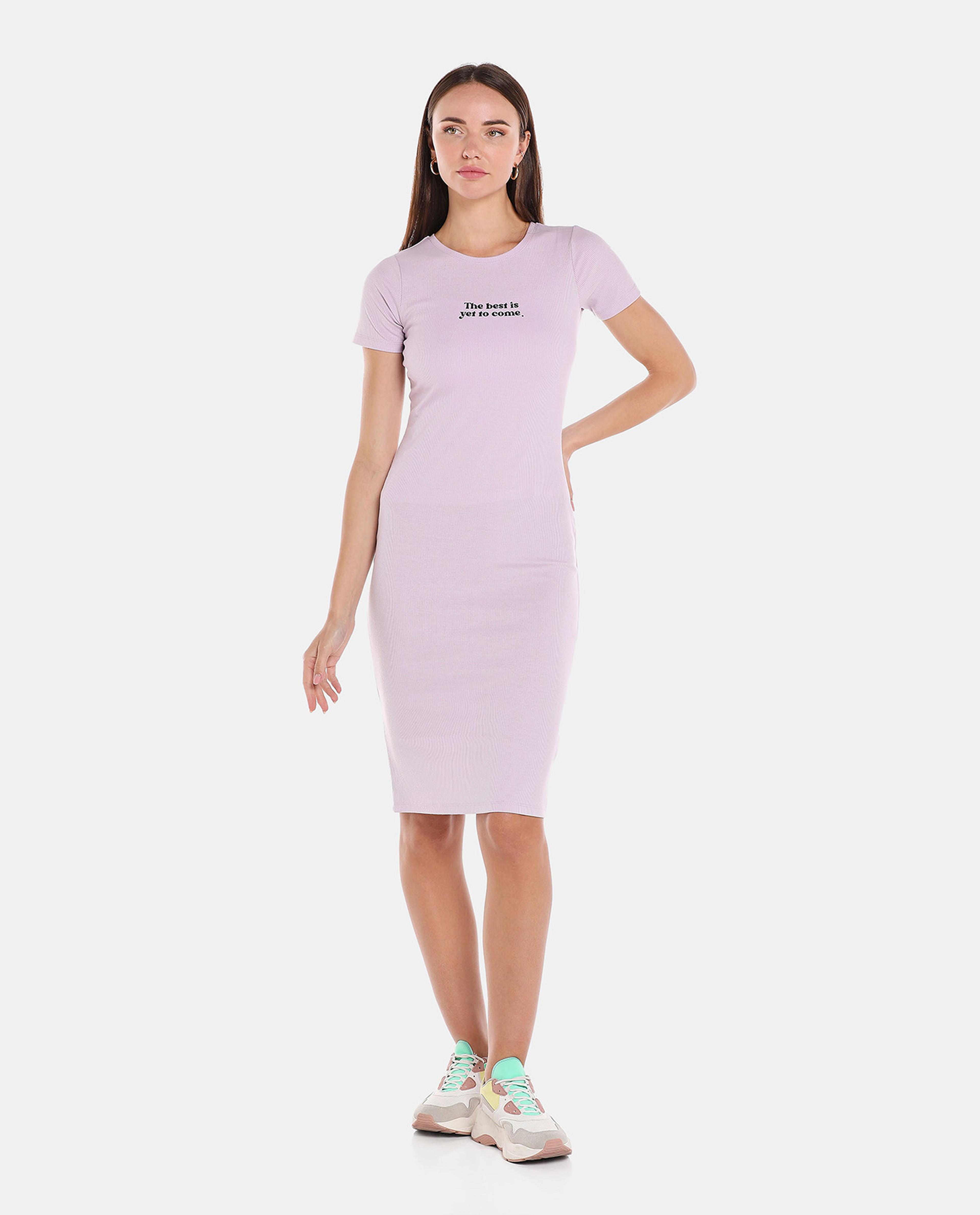 Purple Solid Bodycon Knee Length Dress