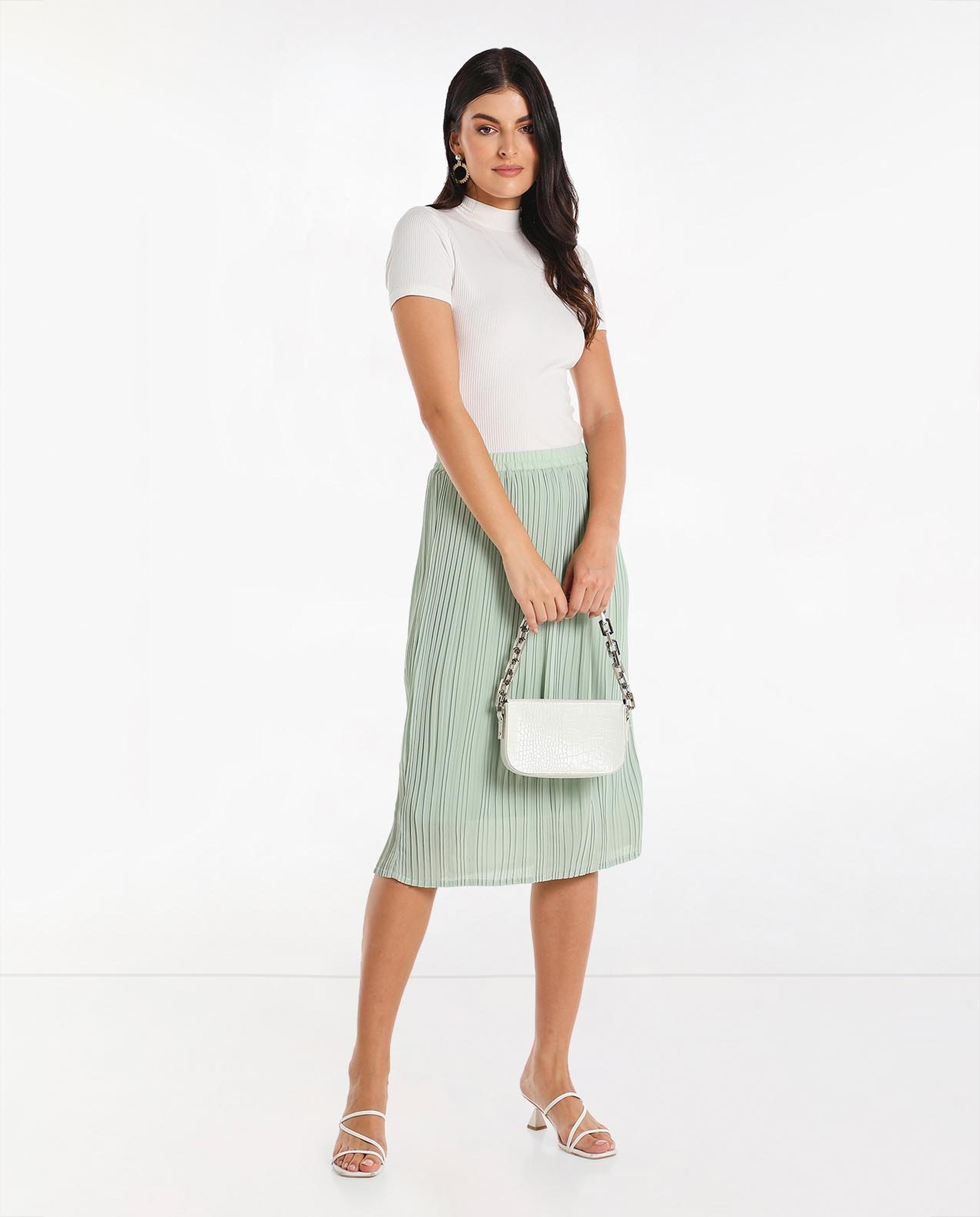 Solid Pleated Midi Skirt