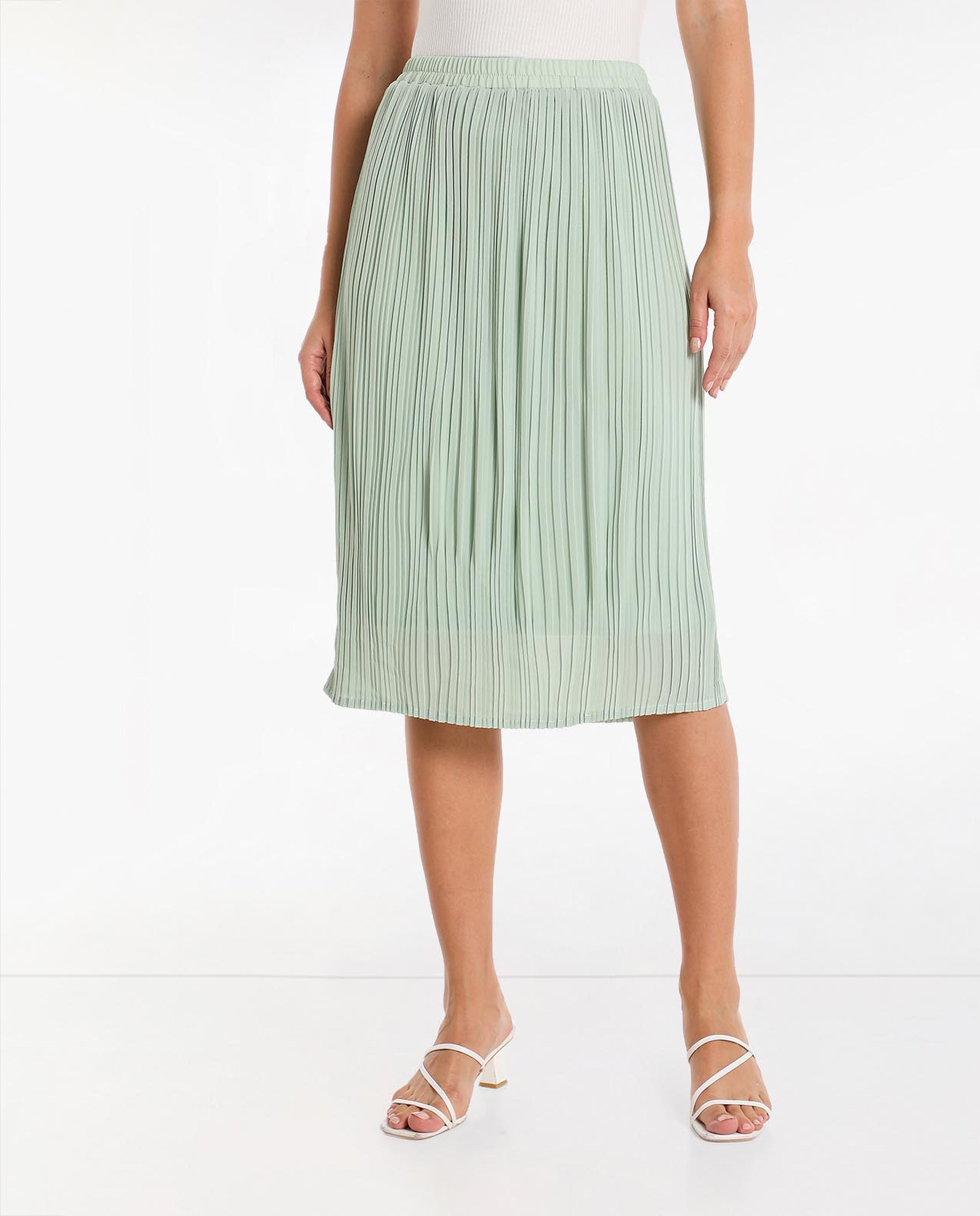 Solid Pleated Midi Skirt