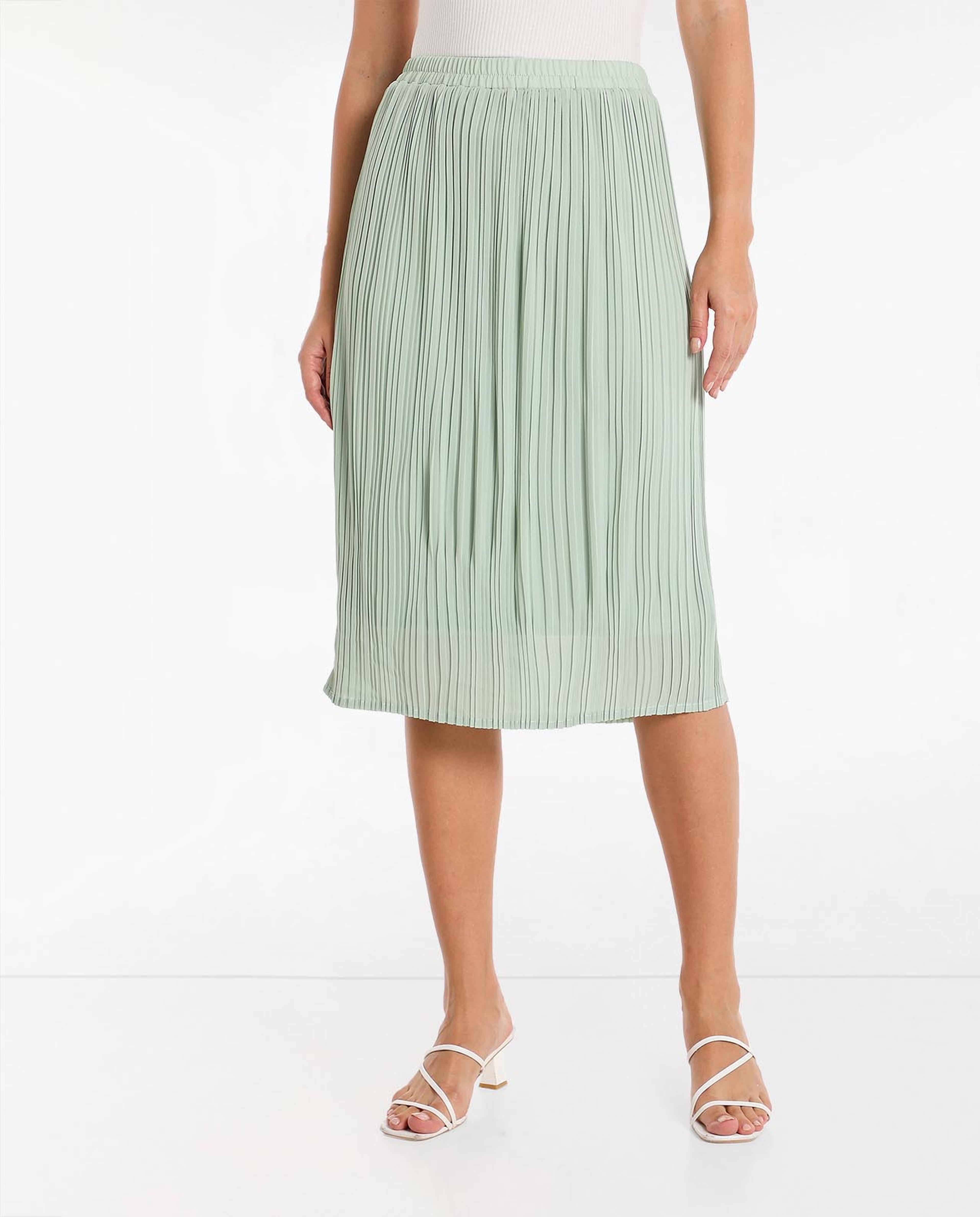 Solid Pleated Midi Skirt
