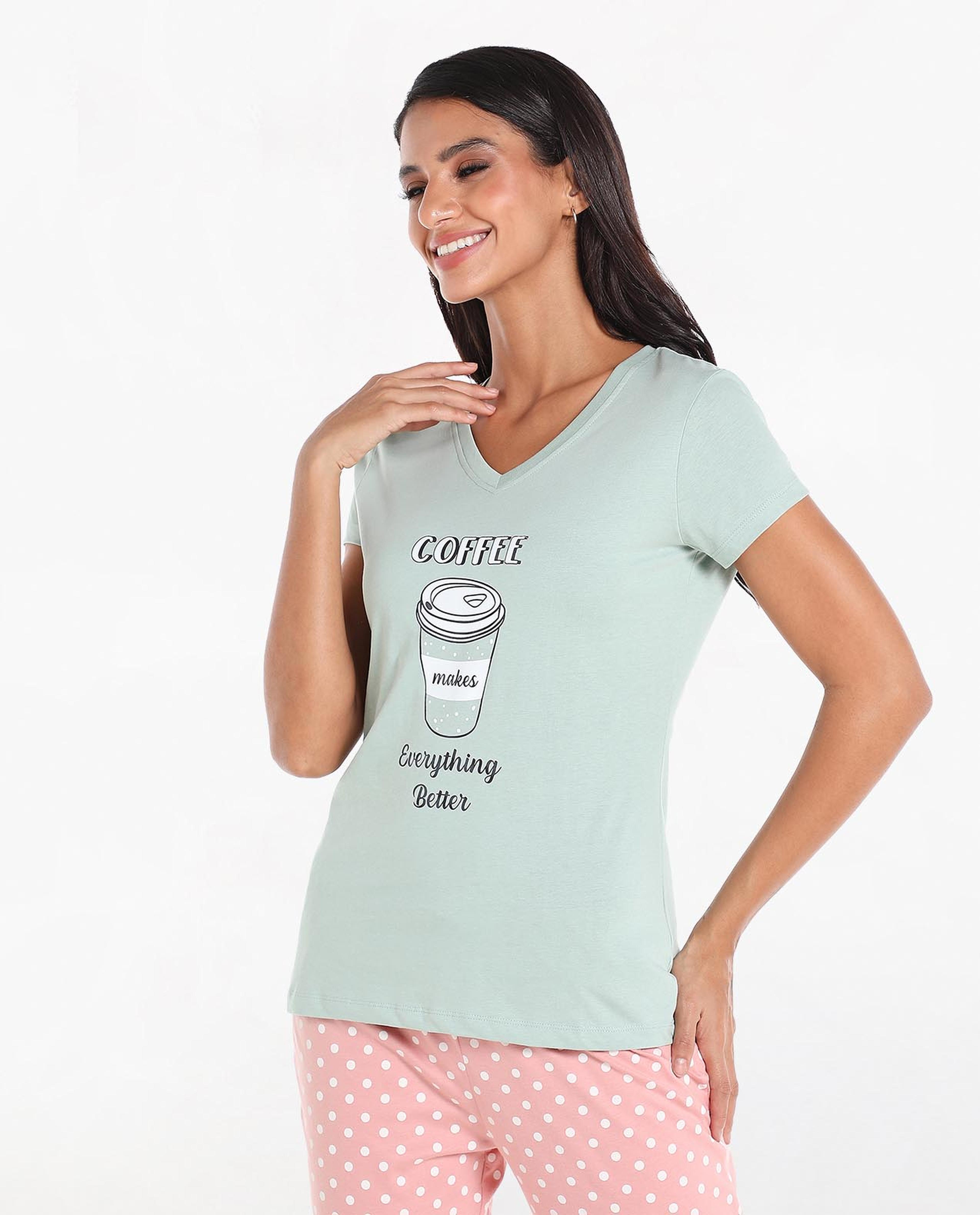 Typography Printed Sleep T-Shirt with V-Neck and Short Sleeves