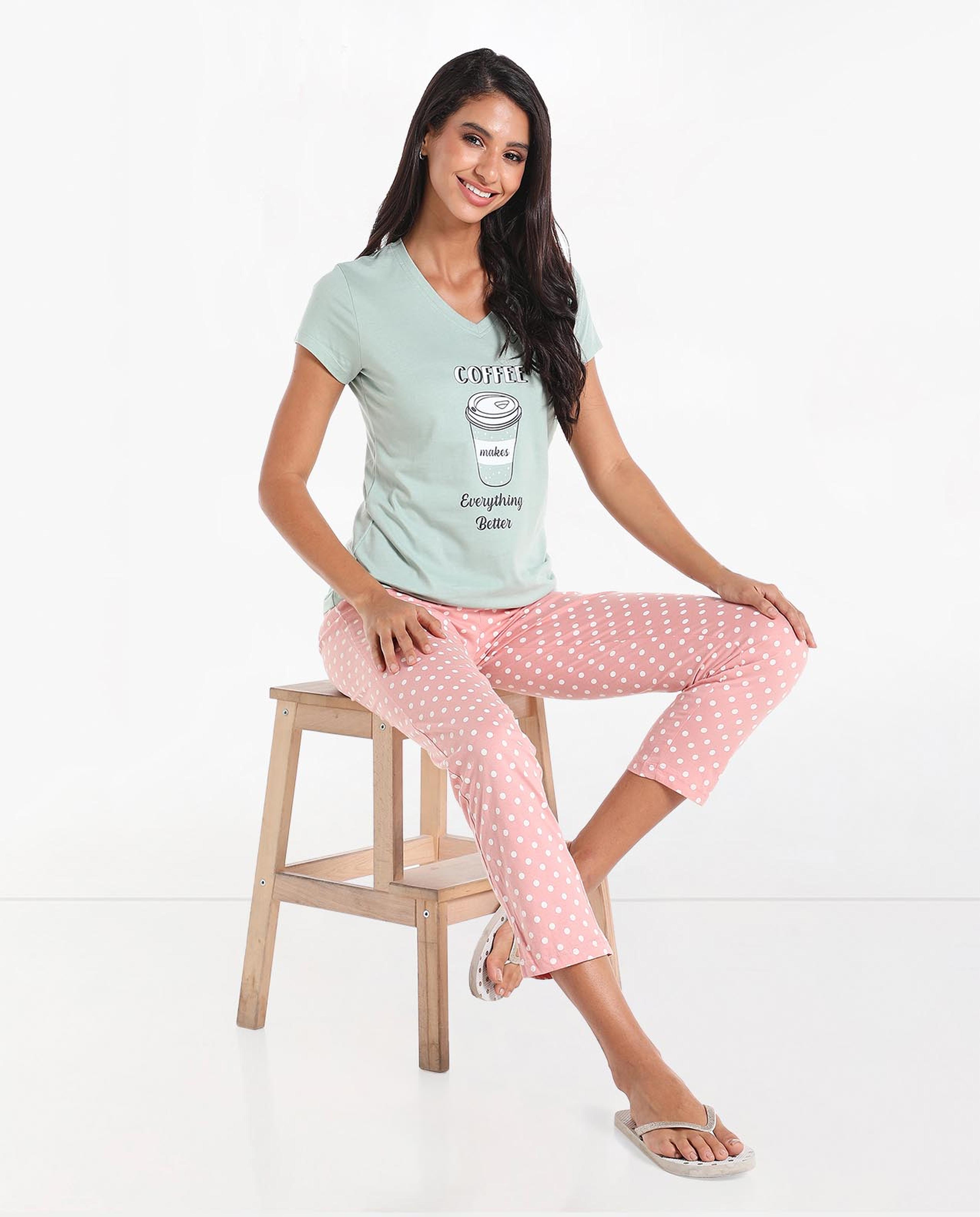 Typography Printed Sleep T-Shirt with V-Neck and Short Sleeves