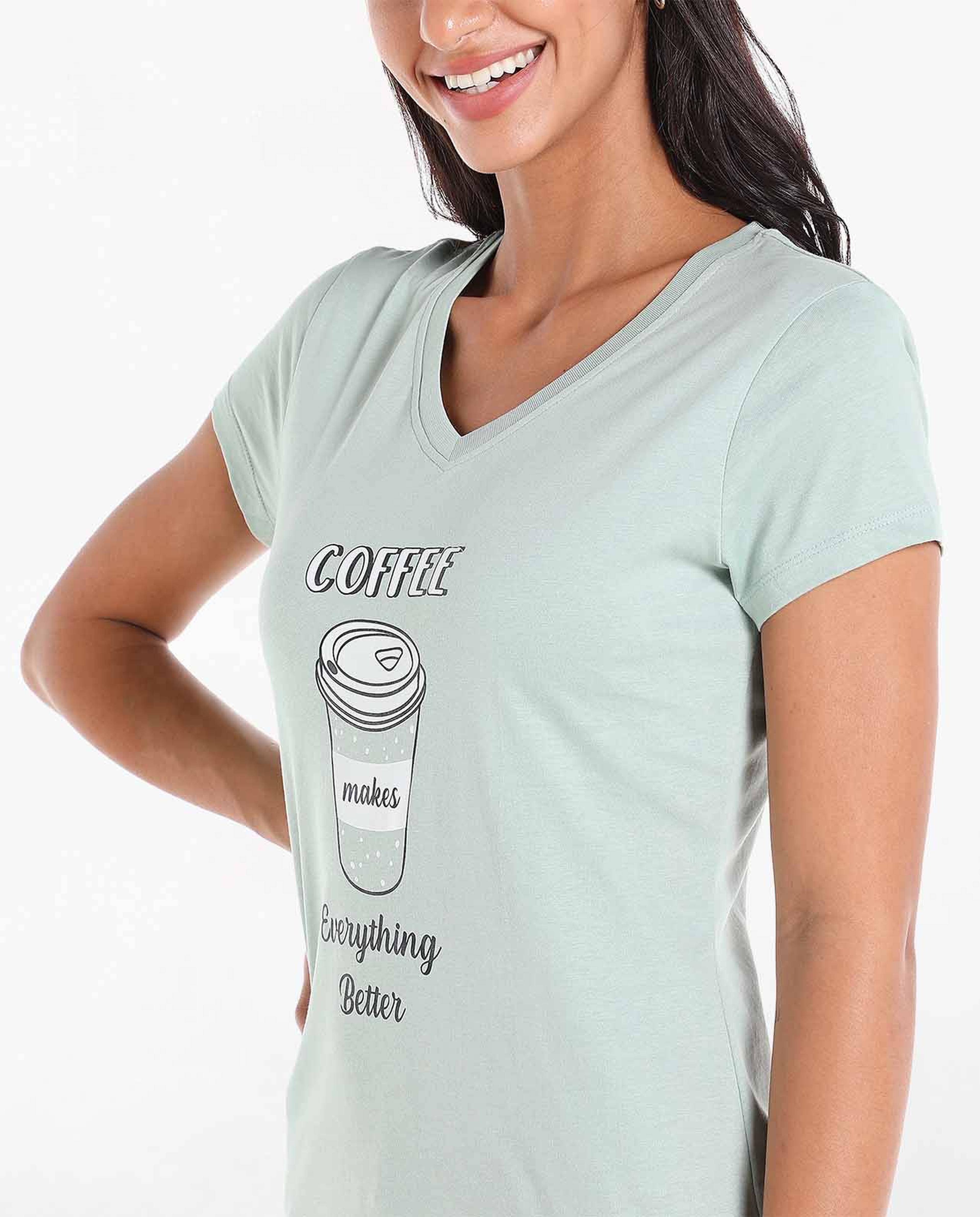 Typography Printed Sleep T-Shirt with V-Neck and Short Sleeves