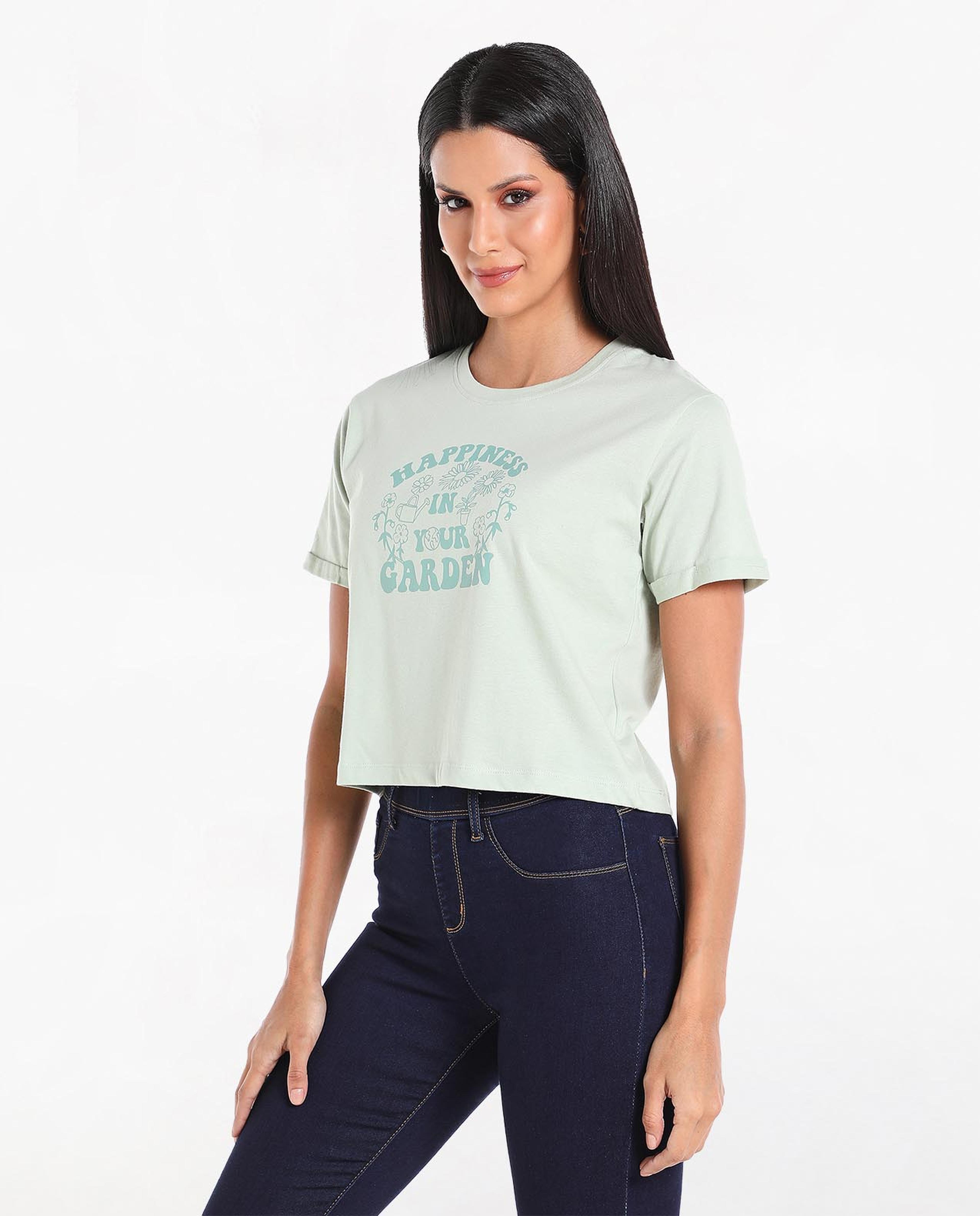 Typography Printed Cropped T-Shirt with Round Neck and Short Sleeves