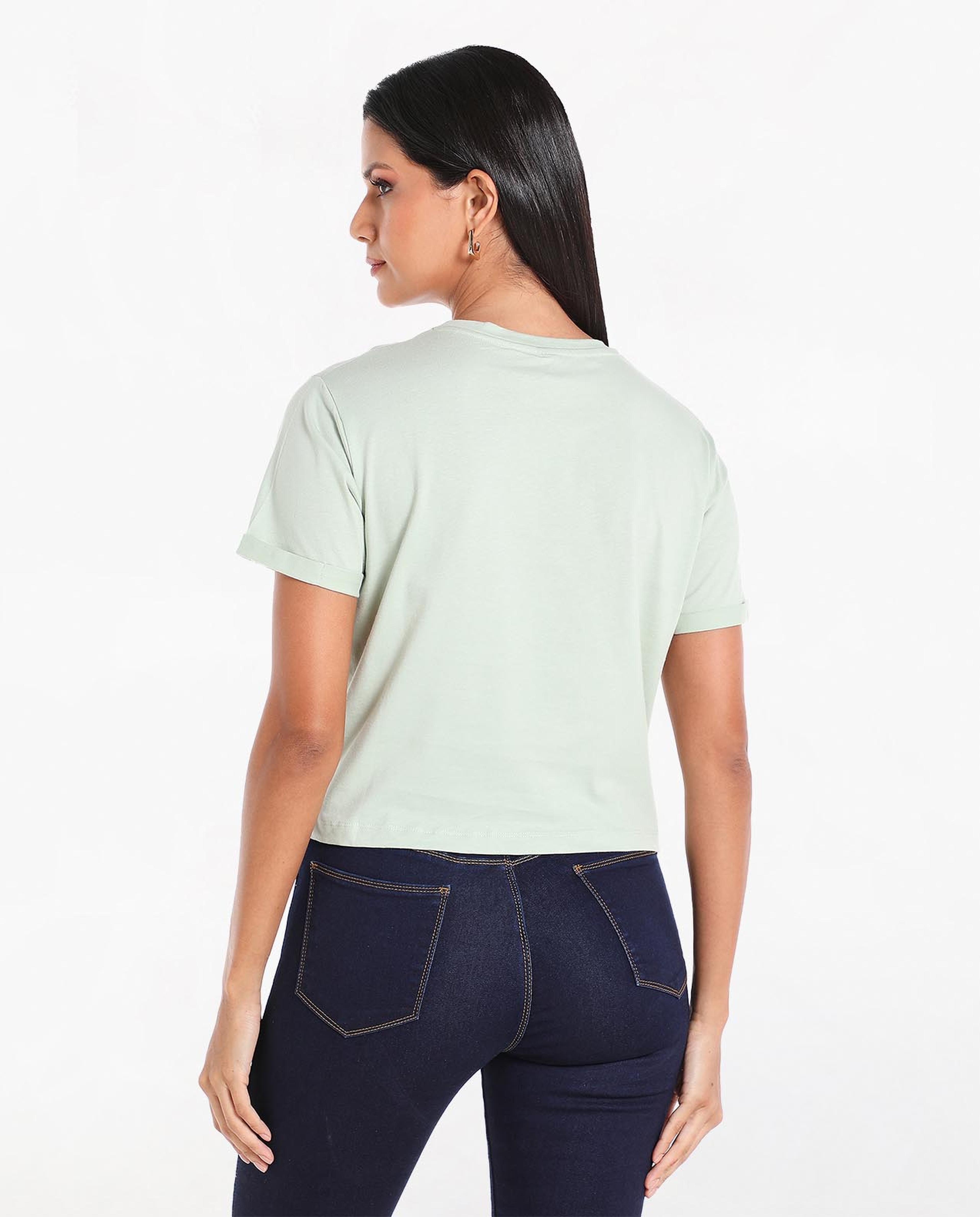 Typography Printed Cropped T-Shirt with Round Neck and Short Sleeves