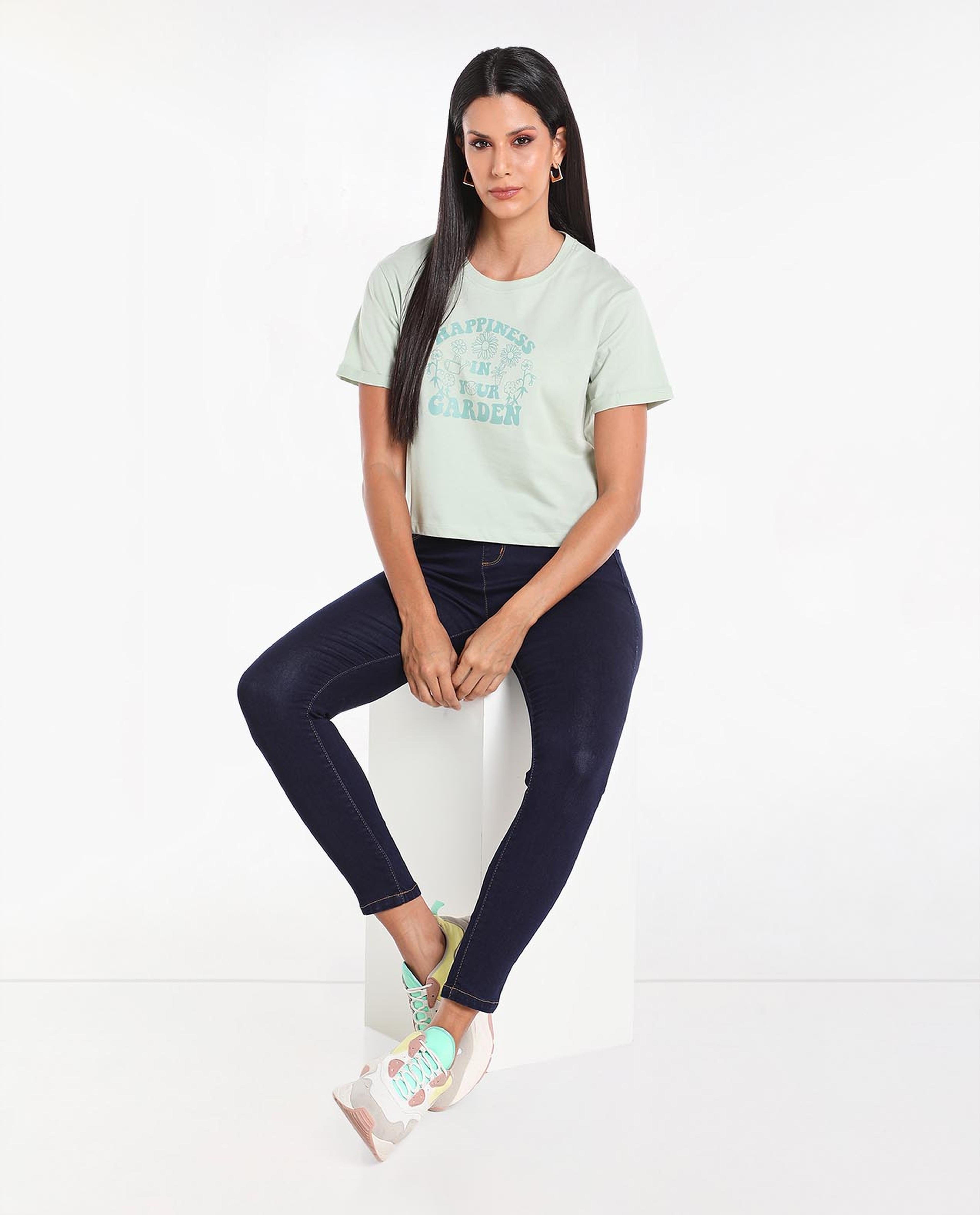 Typography Printed Cropped T-Shirt with Round Neck and Short Sleeves