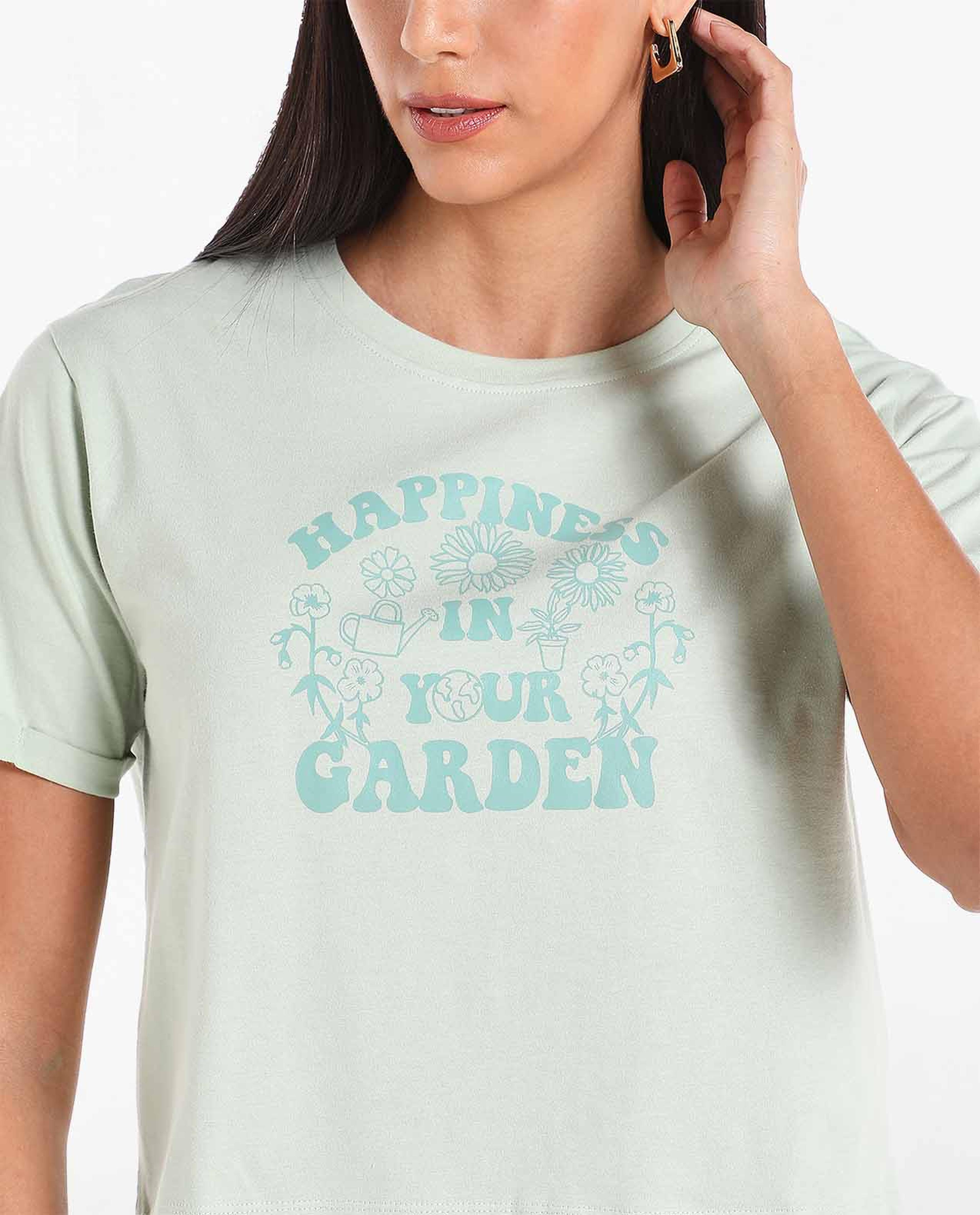 Typography Printed Cropped T-Shirt with Round Neck and Short Sleeves