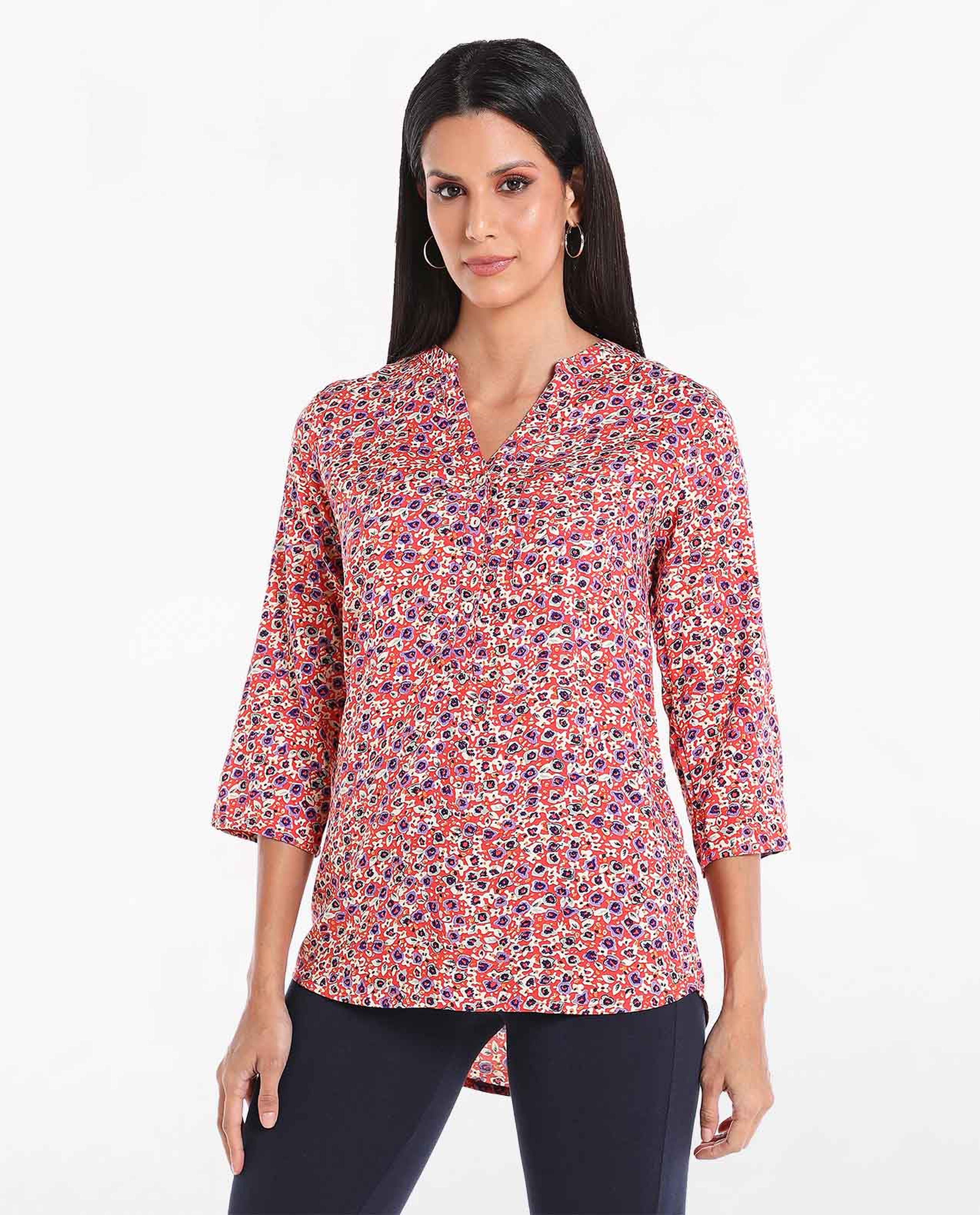 تونيك بياقة ماندرين وأكمام قابلة للطي بطبعات الزهور