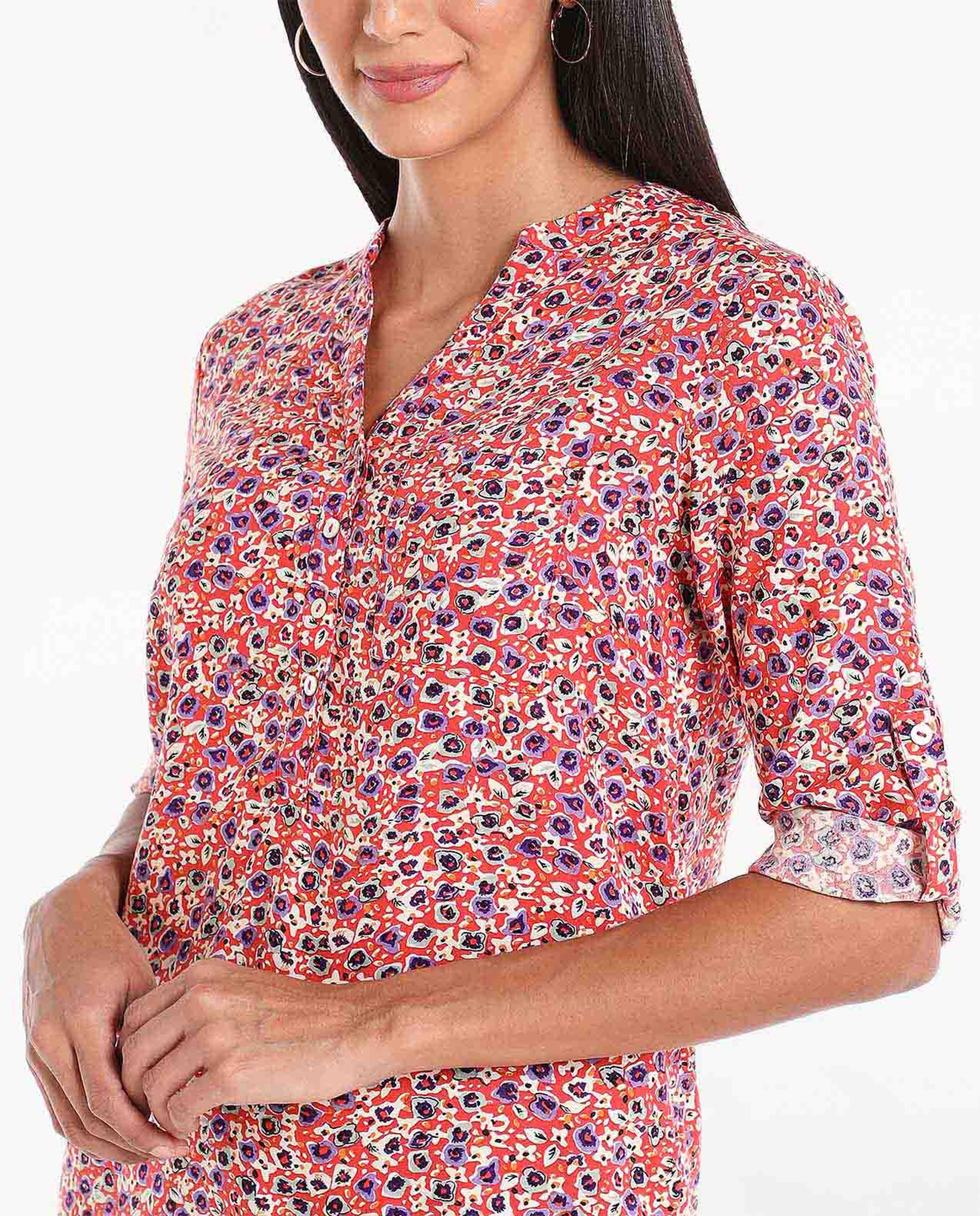 تونيك بياقة ماندرين وأكمام قابلة للطي بطبعات الزهور