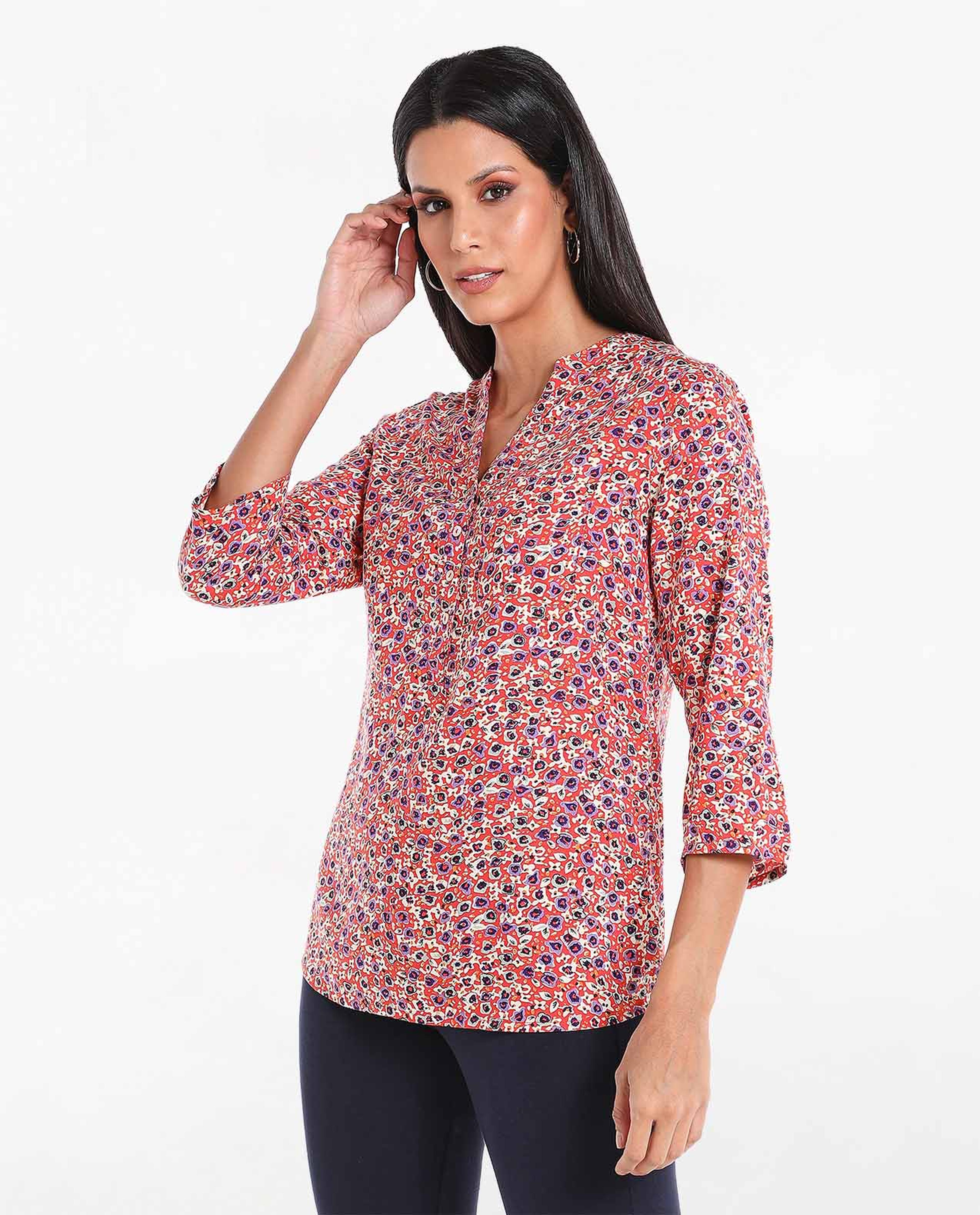 تونيك بياقة ماندرين وأكمام قابلة للطي بطبعات الزهور