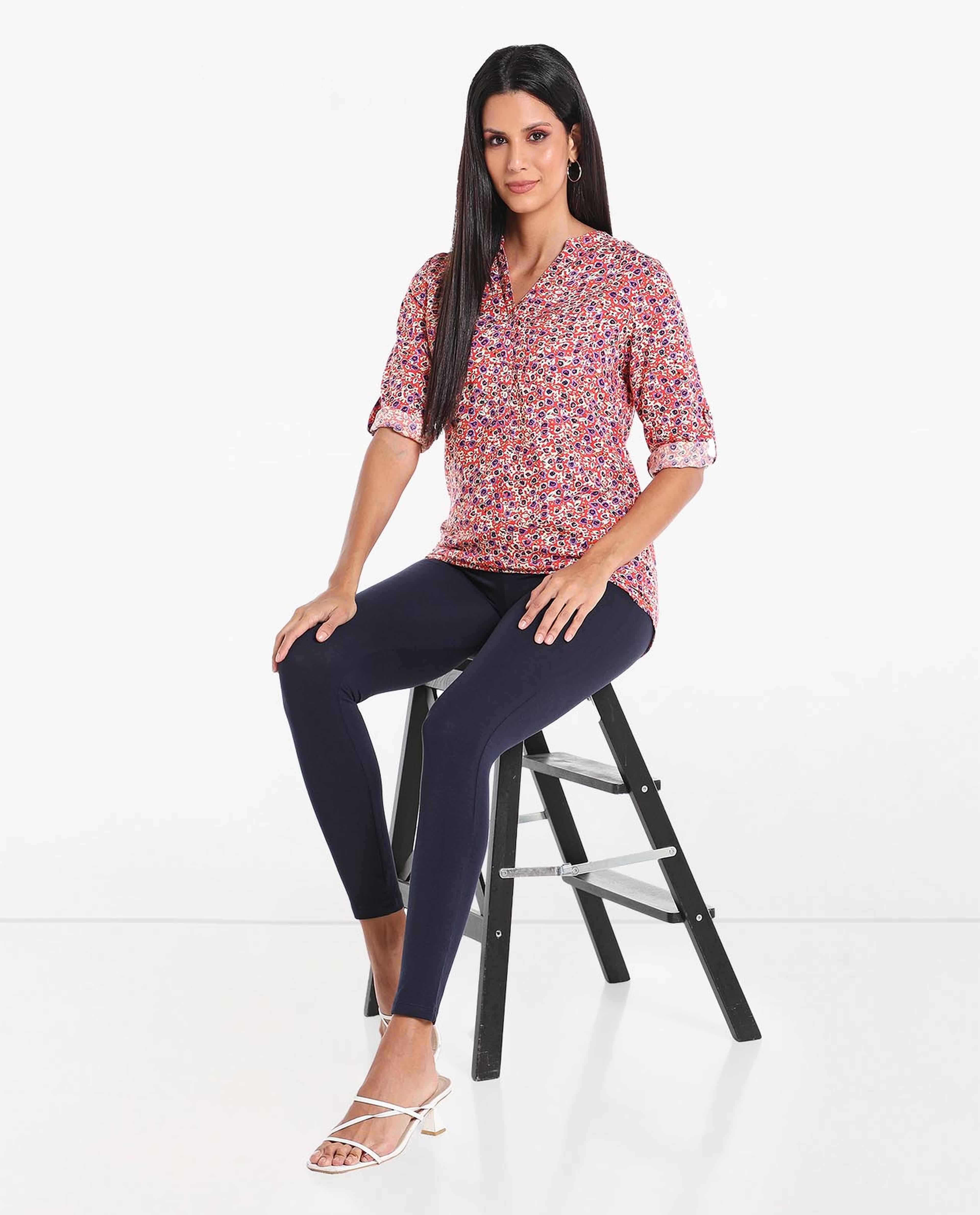 تونيك بياقة ماندرين وأكمام قابلة للطي بطبعات الزهور