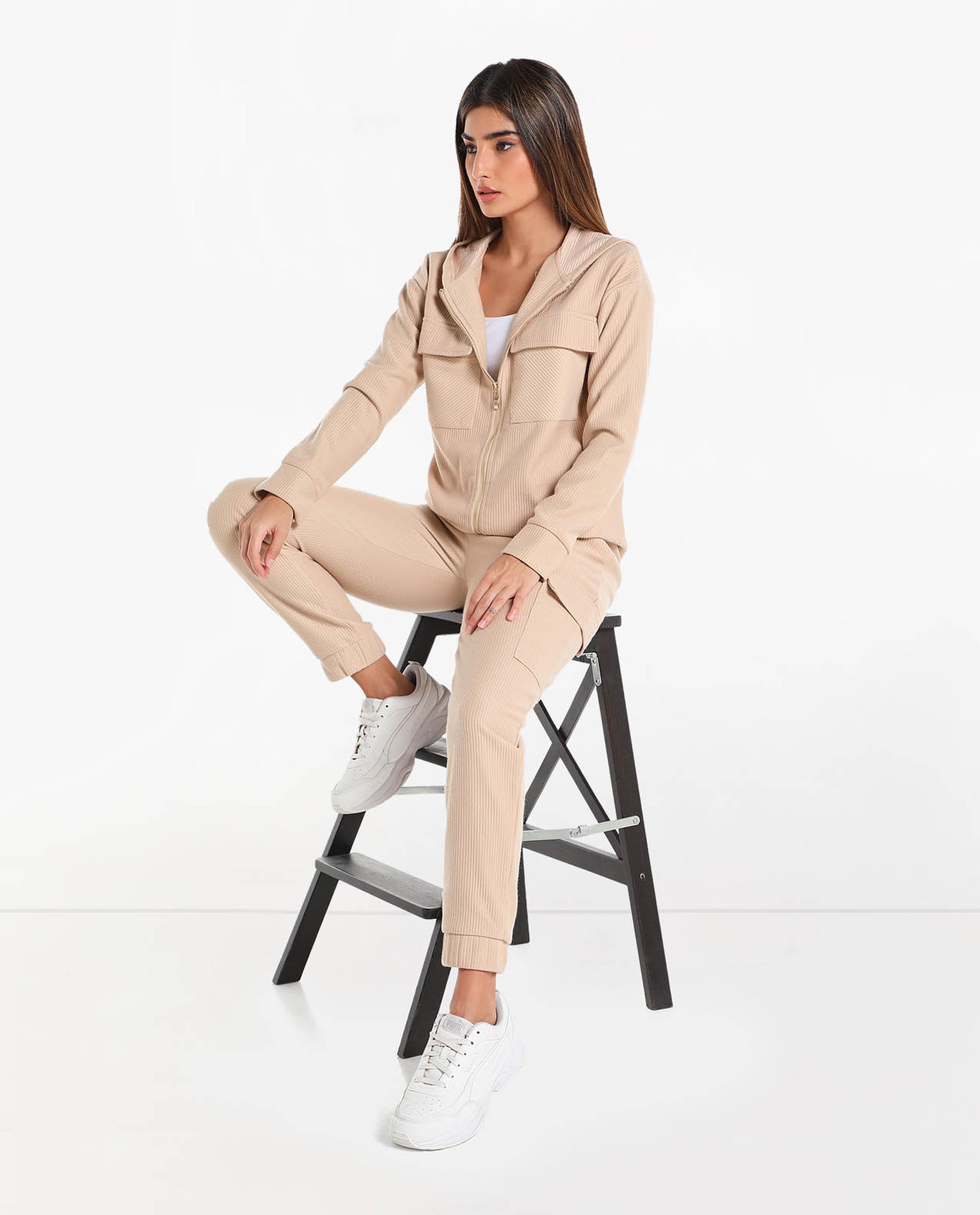 Solid Zipped Neck Hooded Sweatshirt