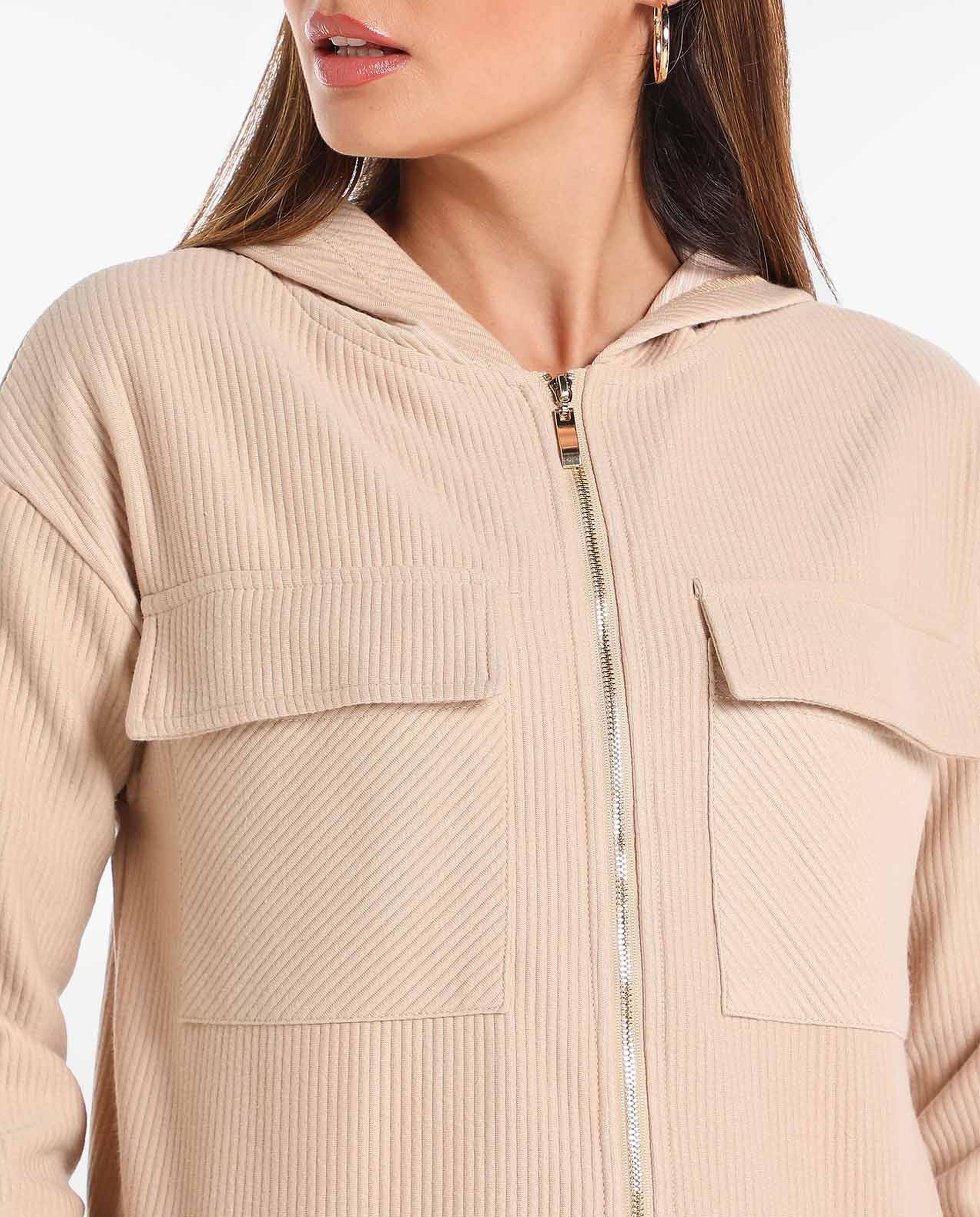 Solid Zipped Neck Hooded Sweatshirt