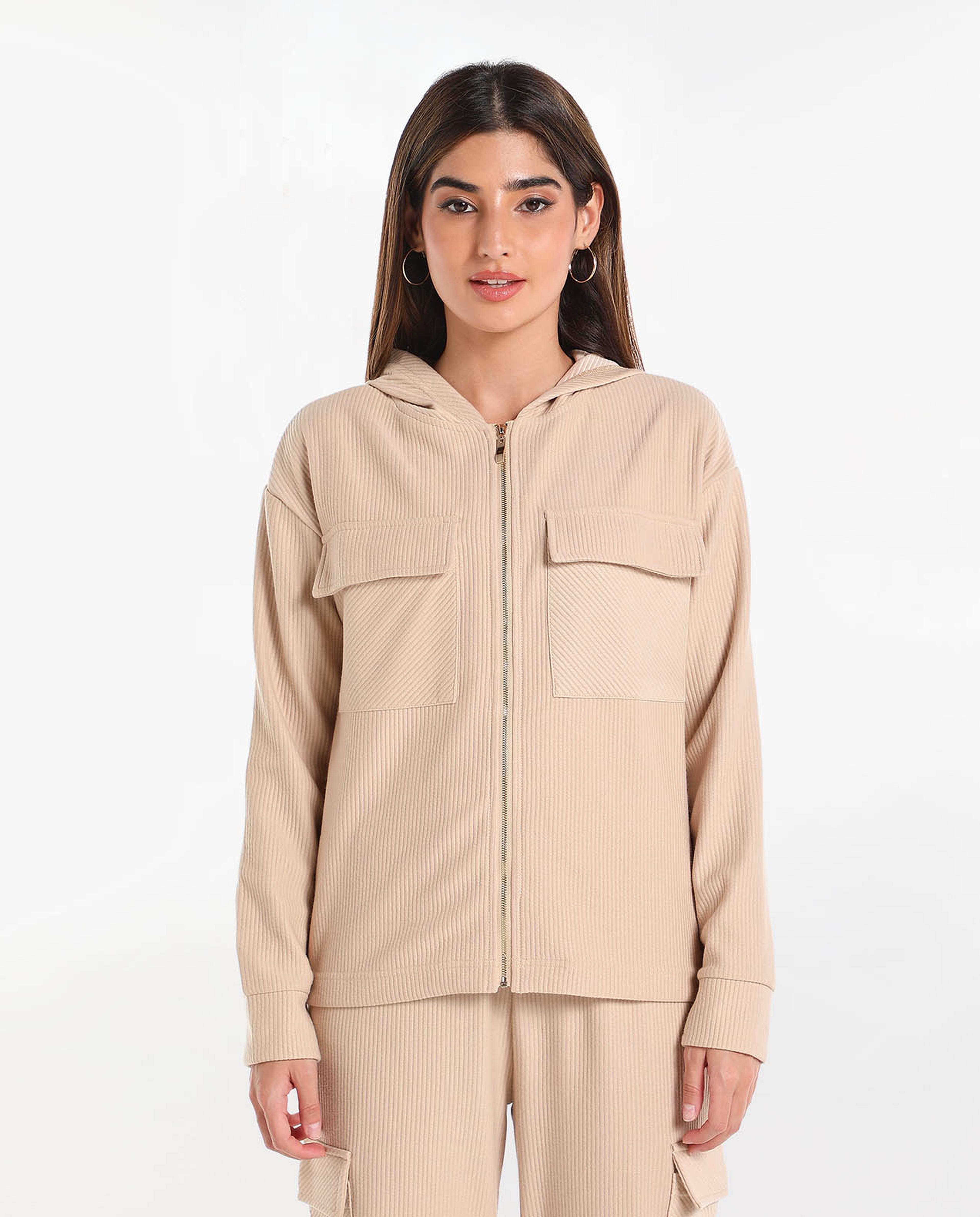 Solid Zipped Neck Hooded Sweatshirt