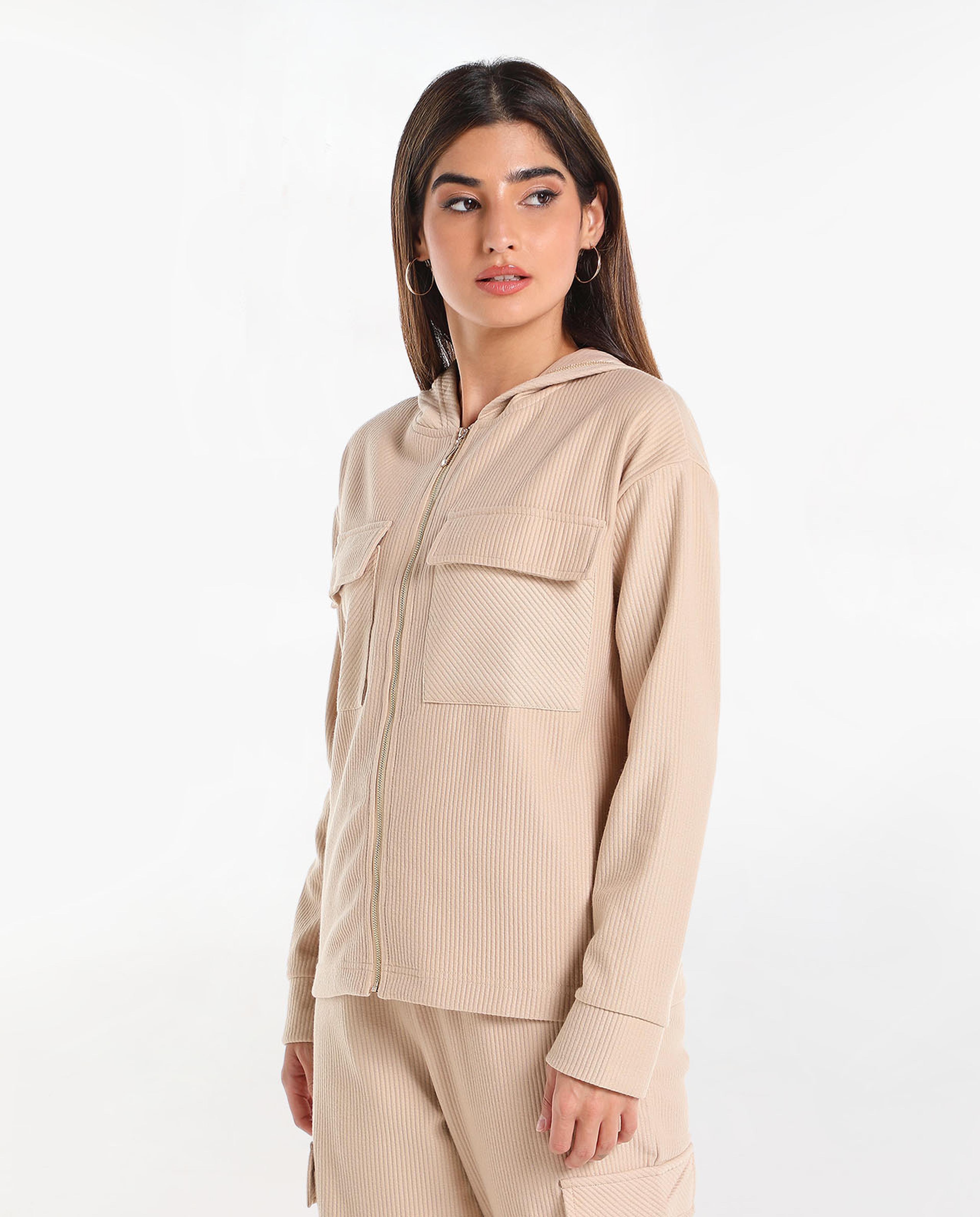 Solid Zipped Neck Hooded Sweatshirt