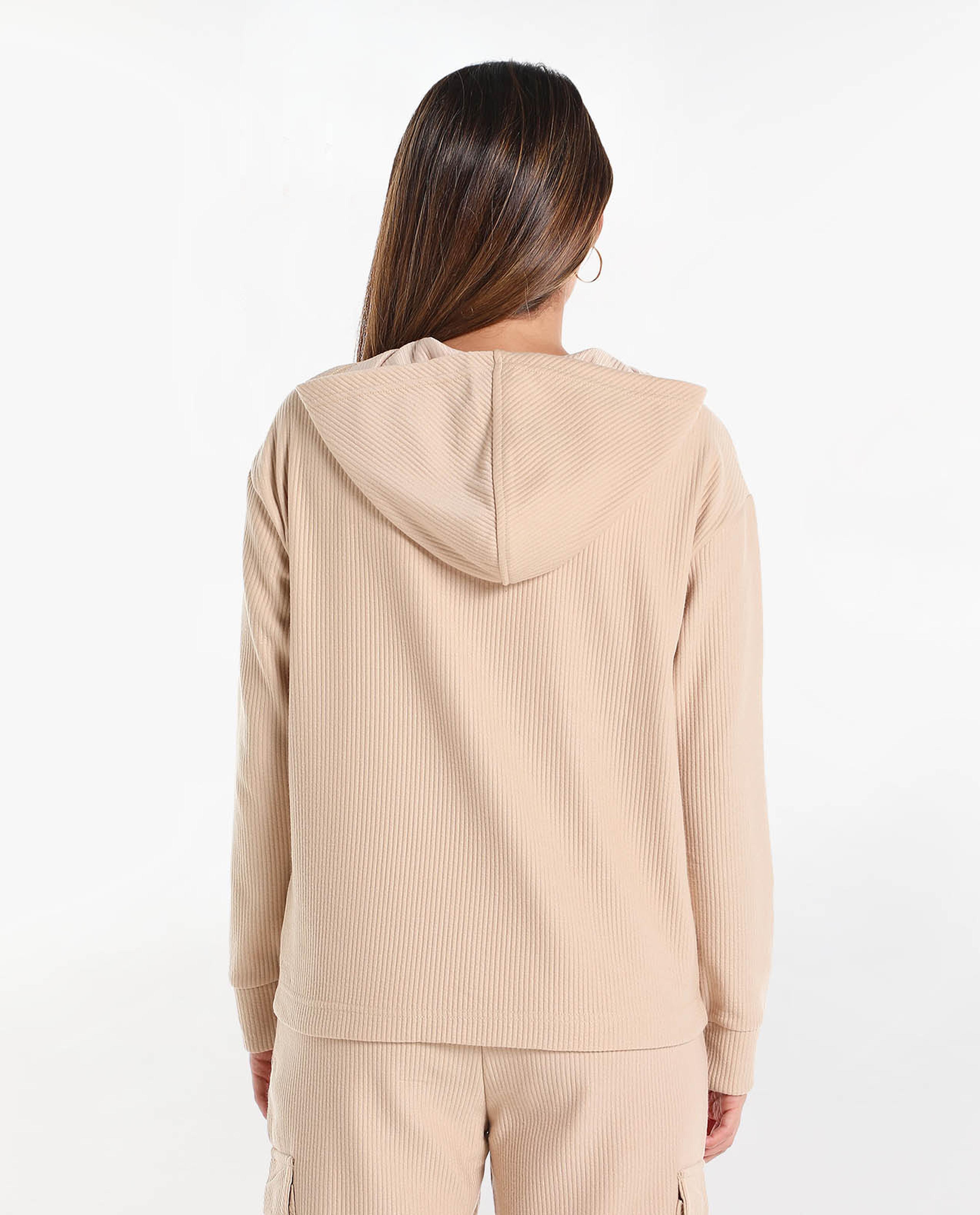 Solid Zipped Neck Hooded Sweatshirt