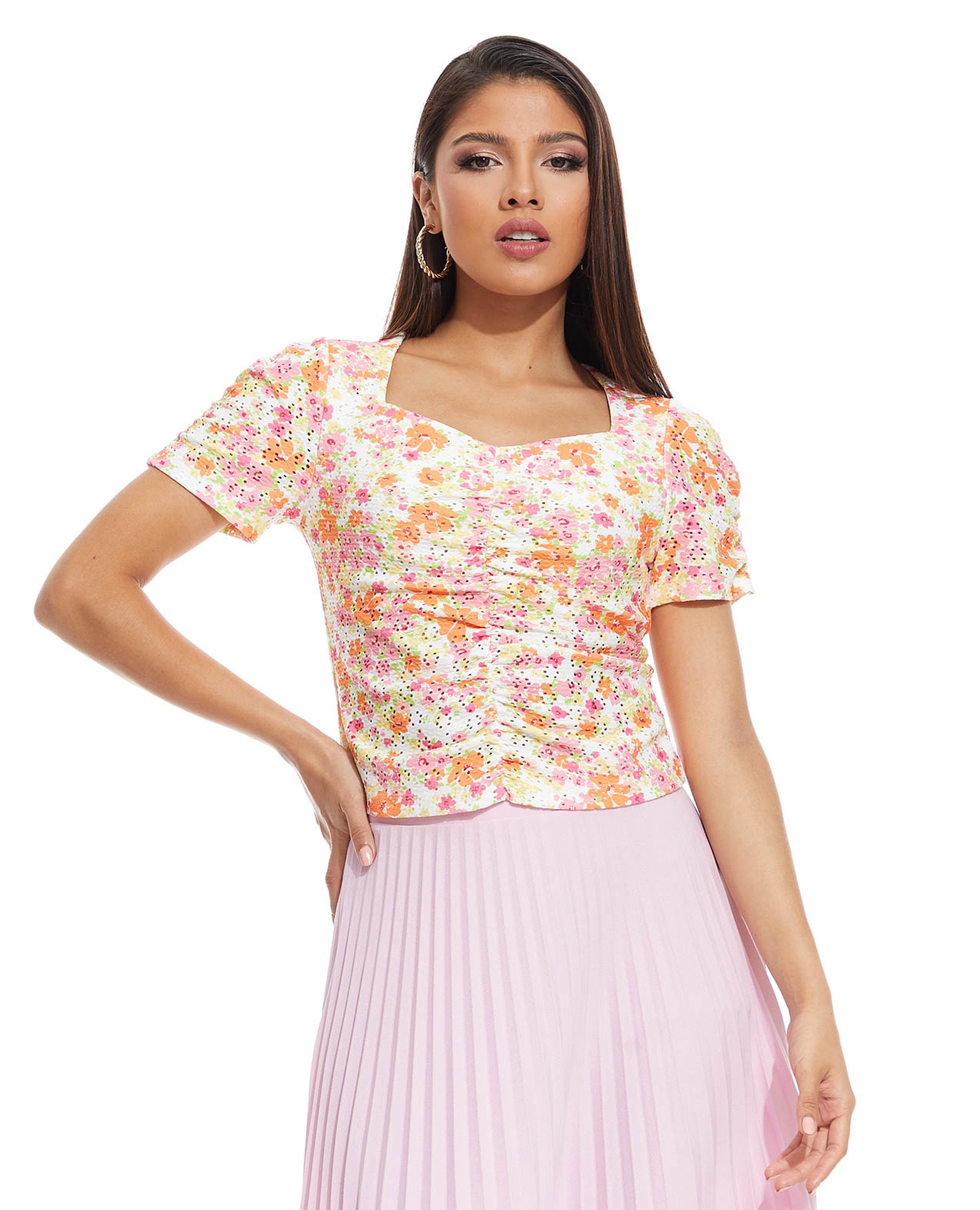 Printed Top with Sweetheart Neck and Short Sleeves