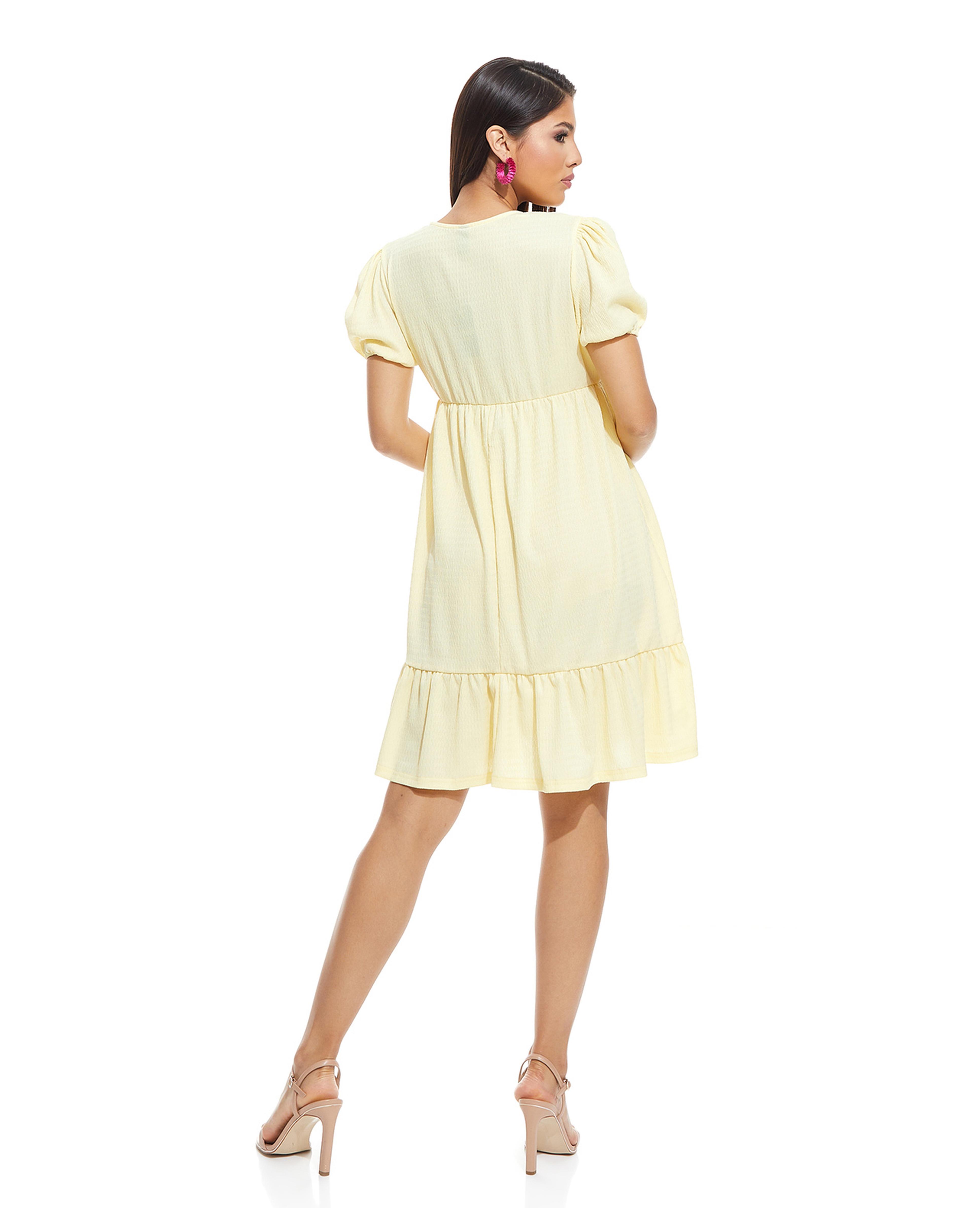 Crinkled Flared Dress with V-Neck and Puff Sleeves