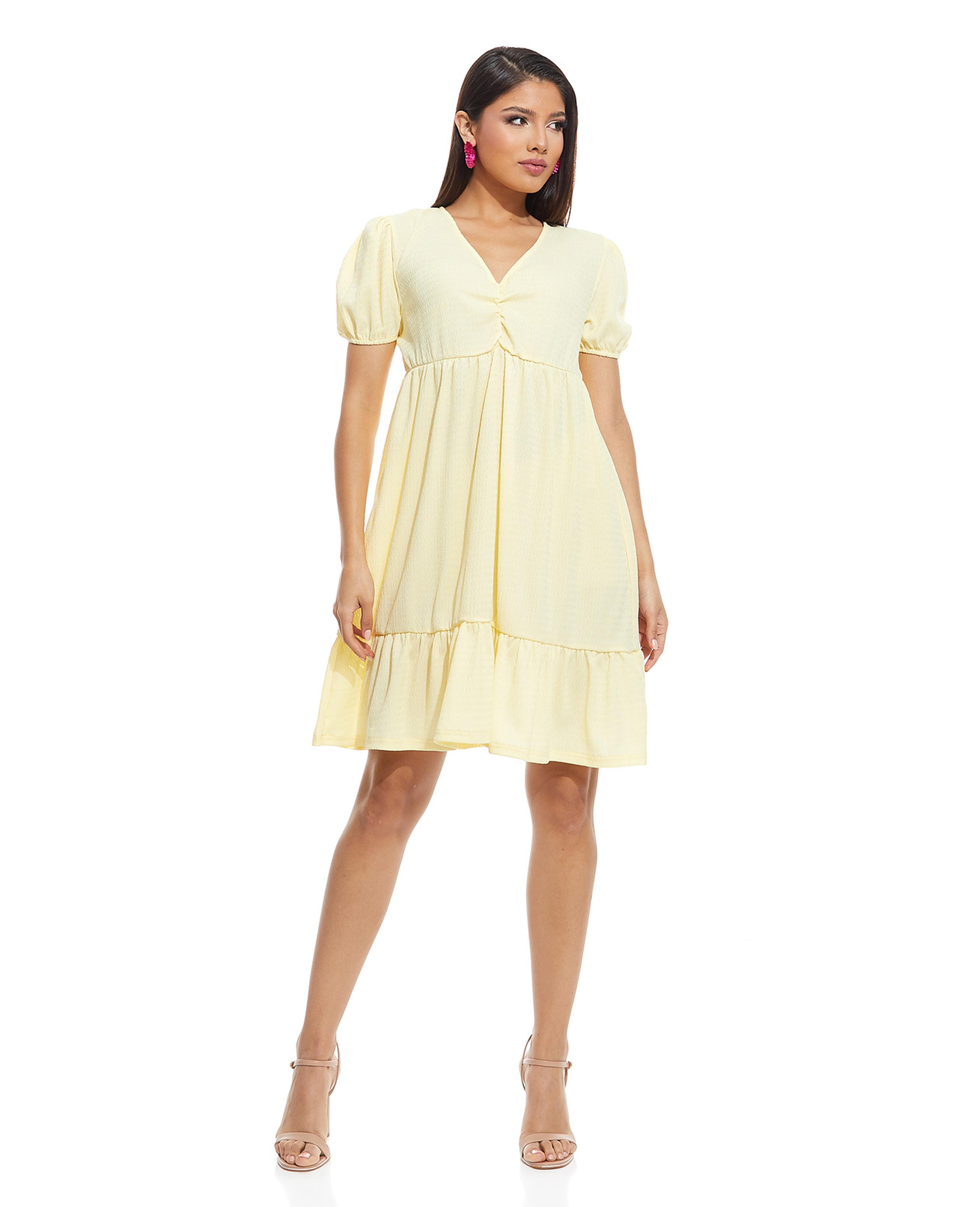 Crinkled Flared Dress with V-Neck and Puff Sleeves