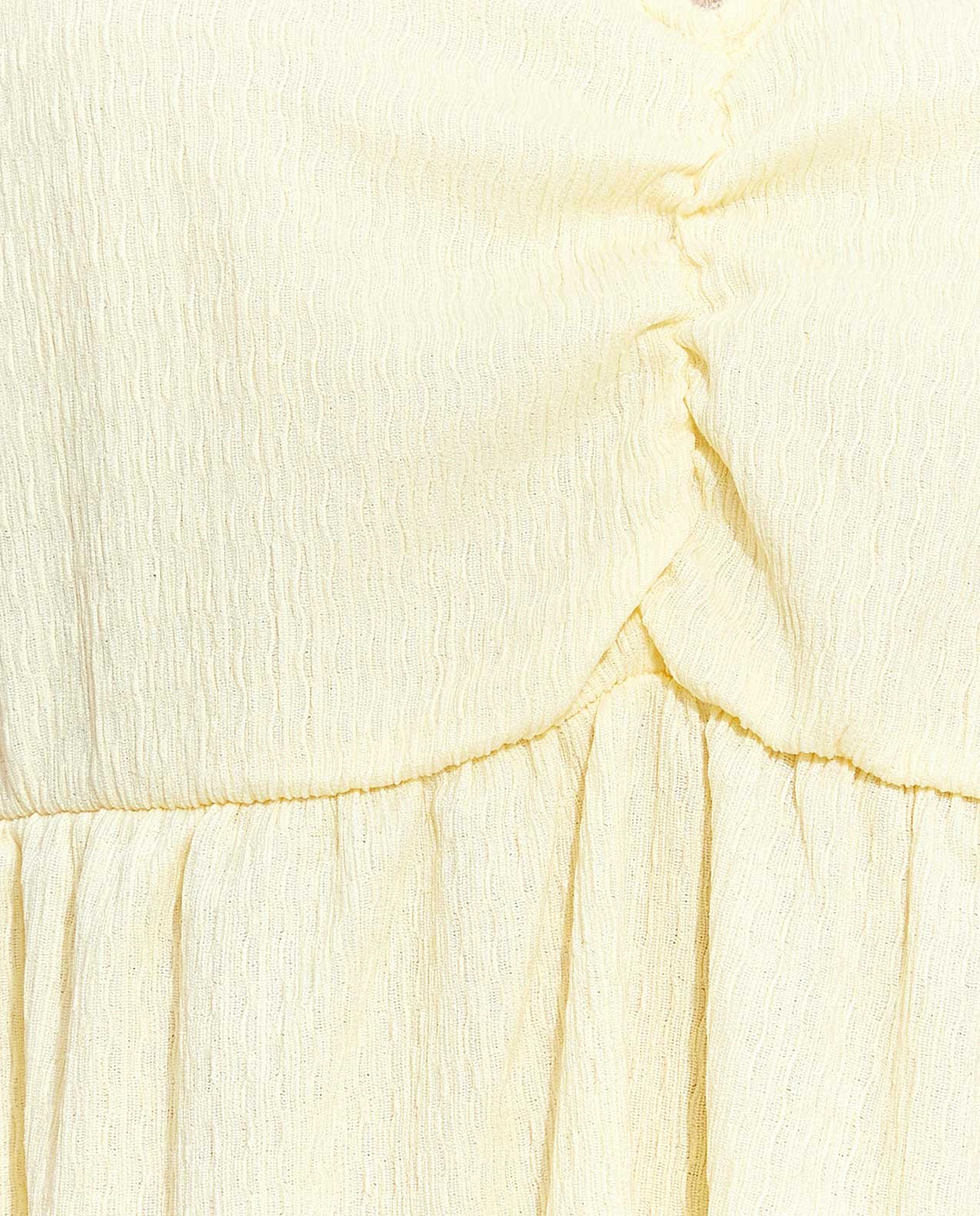 Crinkled Flared Dress with V-Neck and Puff Sleeves