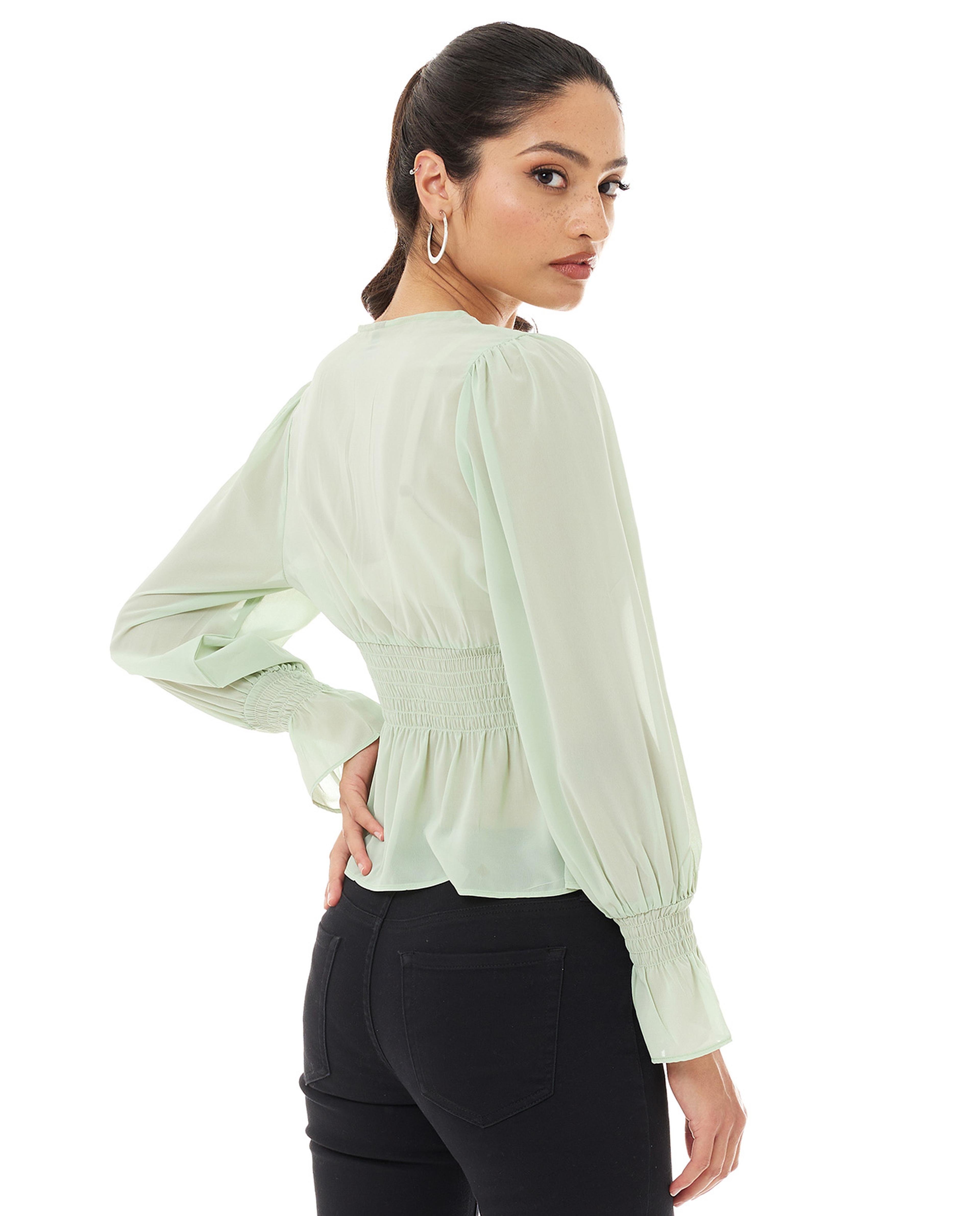 Solid Top with V-Neck and Bishop Sleeves