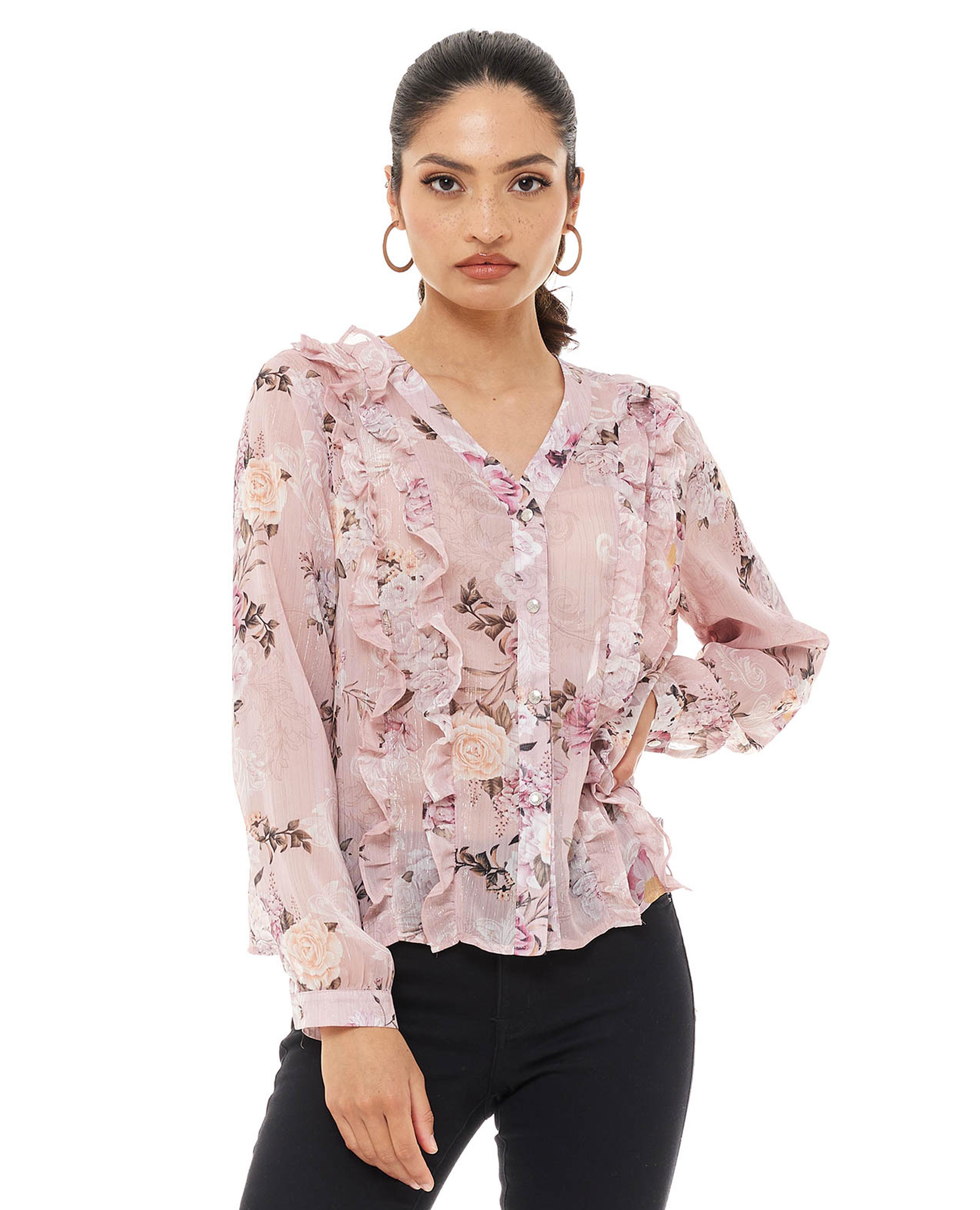 توب بأكمام طويلة وياقة V وطبعات زهور