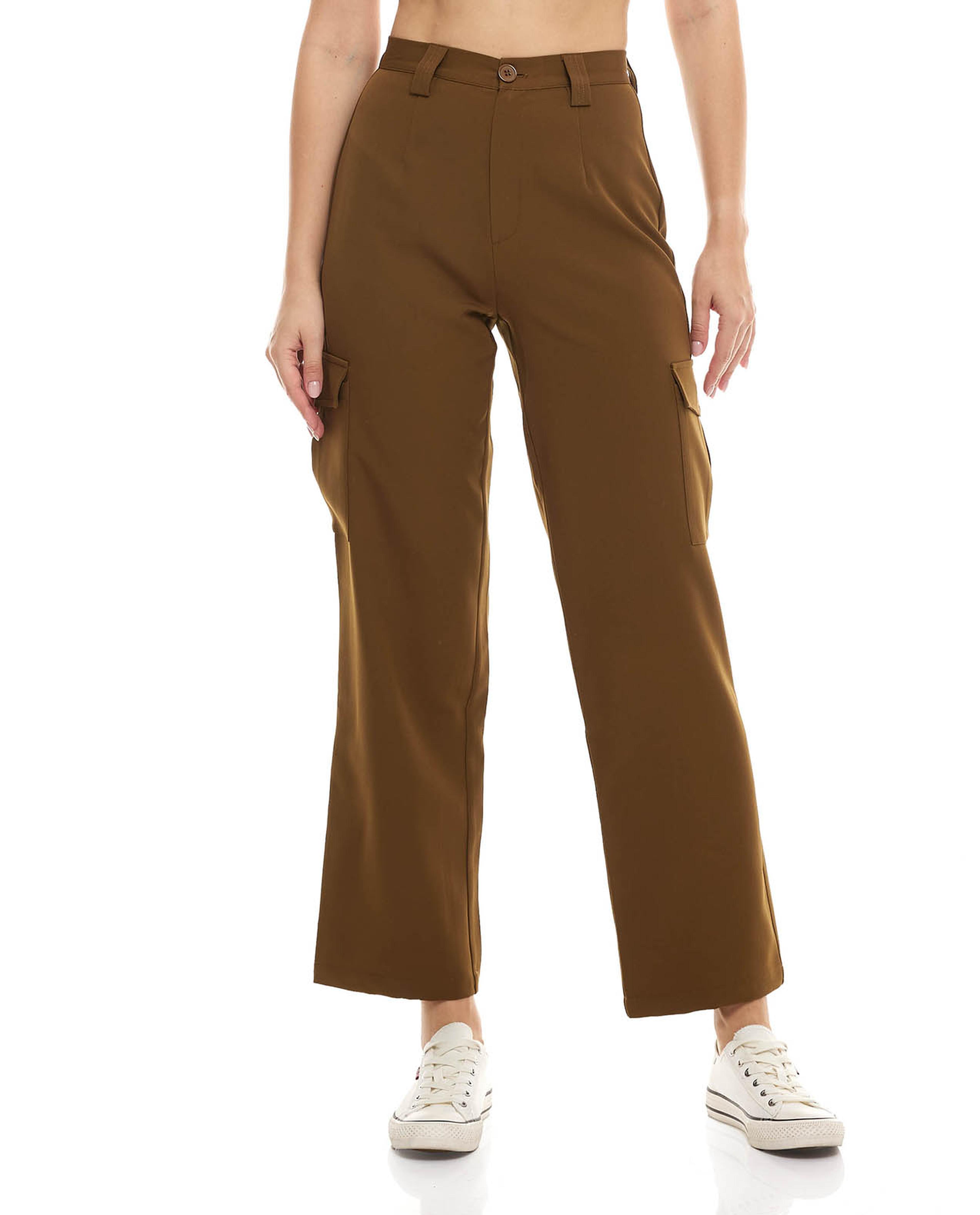 Solid Wide Leg Pants with Button Closure