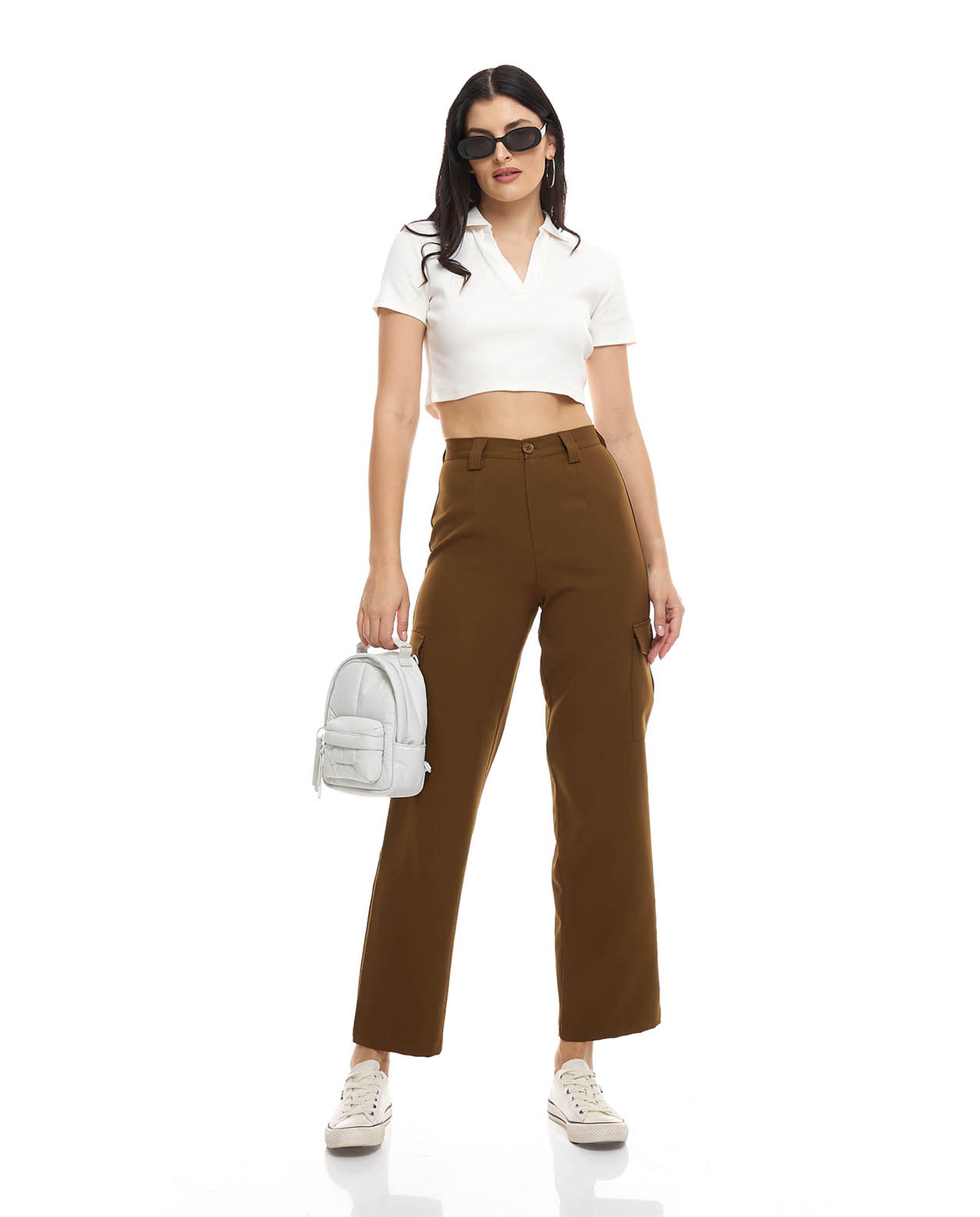 Solid Wide Leg Pants with Button Closure