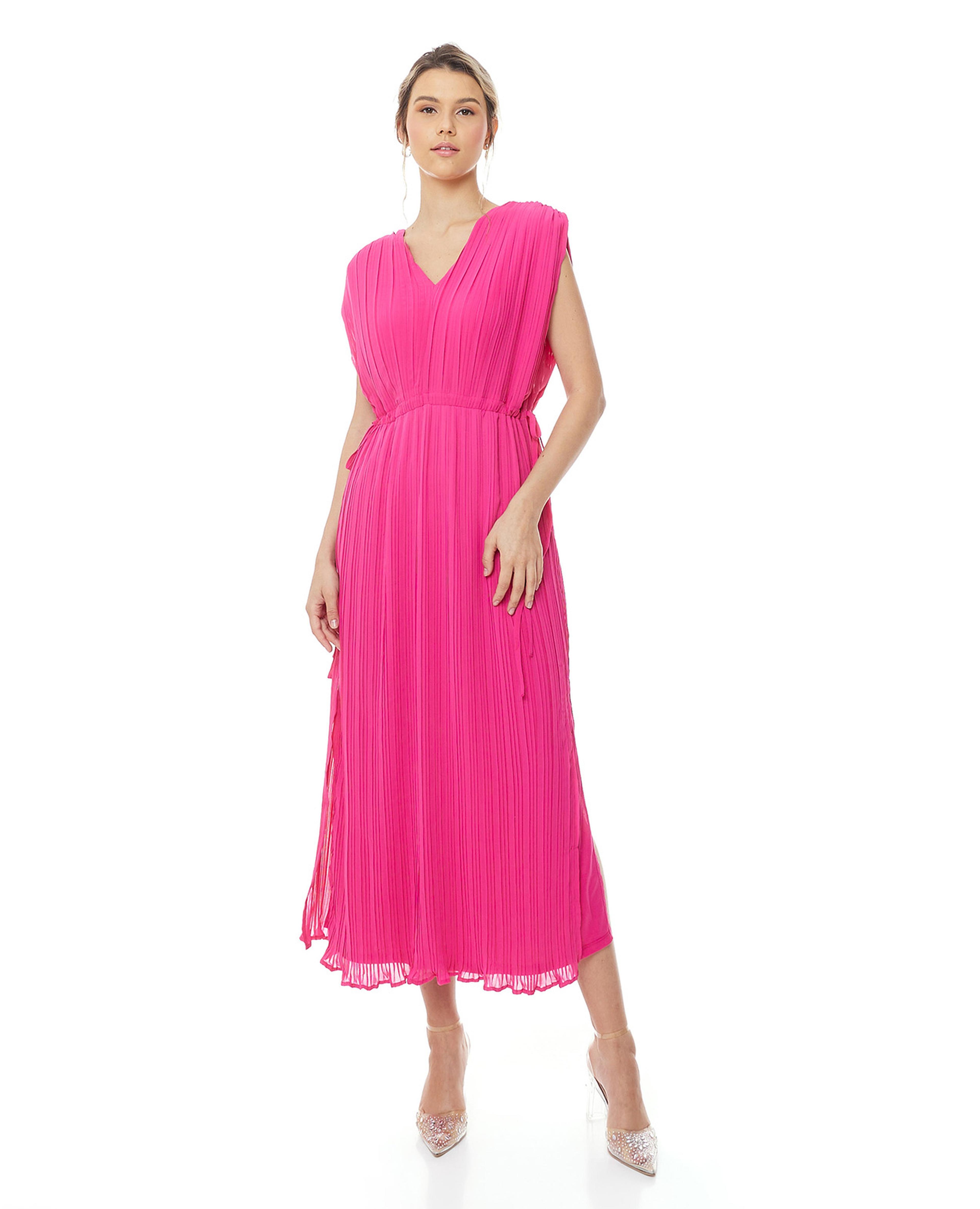 Pleated Sleeveless Midaxi Dress with V-Neck