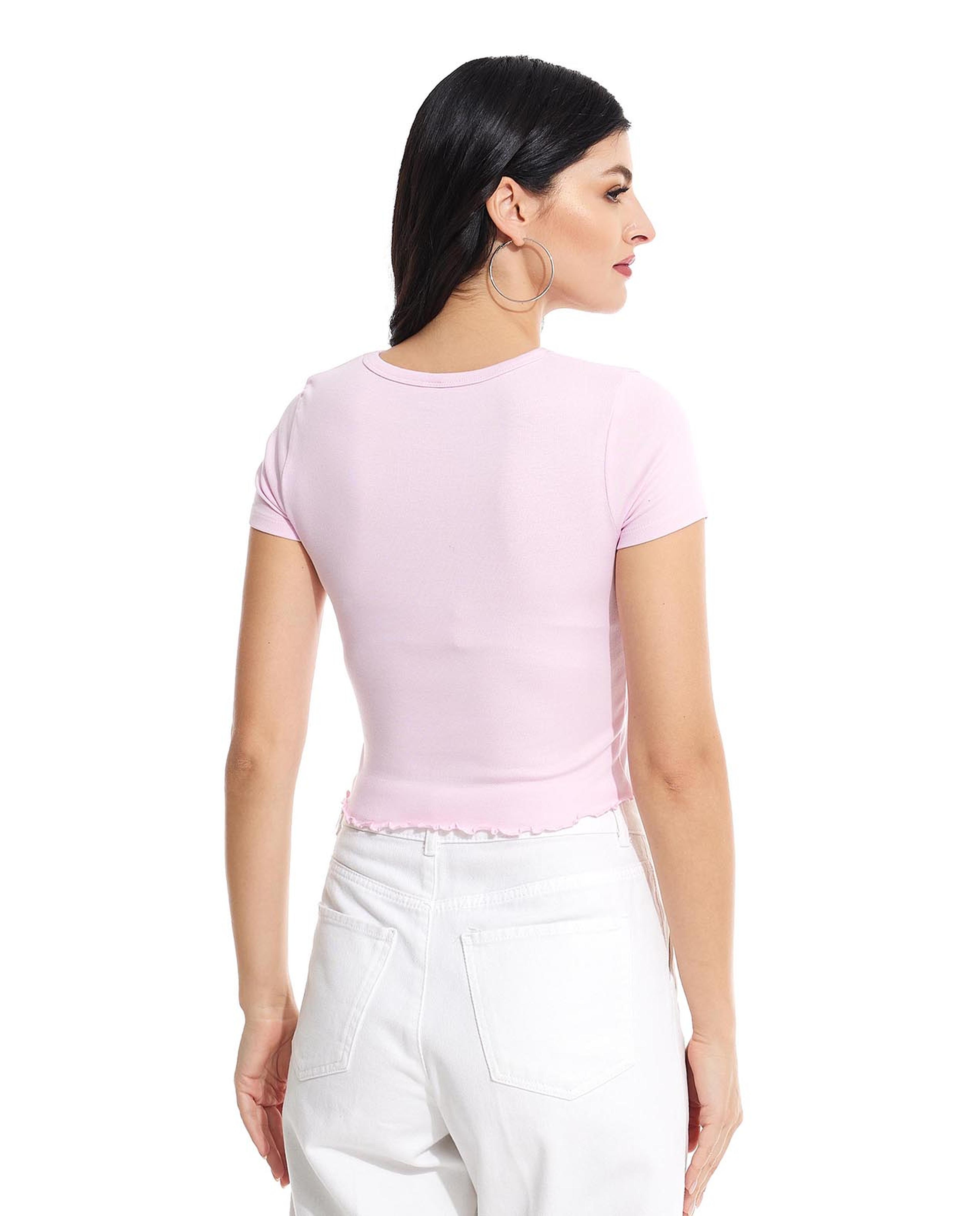 Printed Crop Top with Crew Neck and Short Sleeves