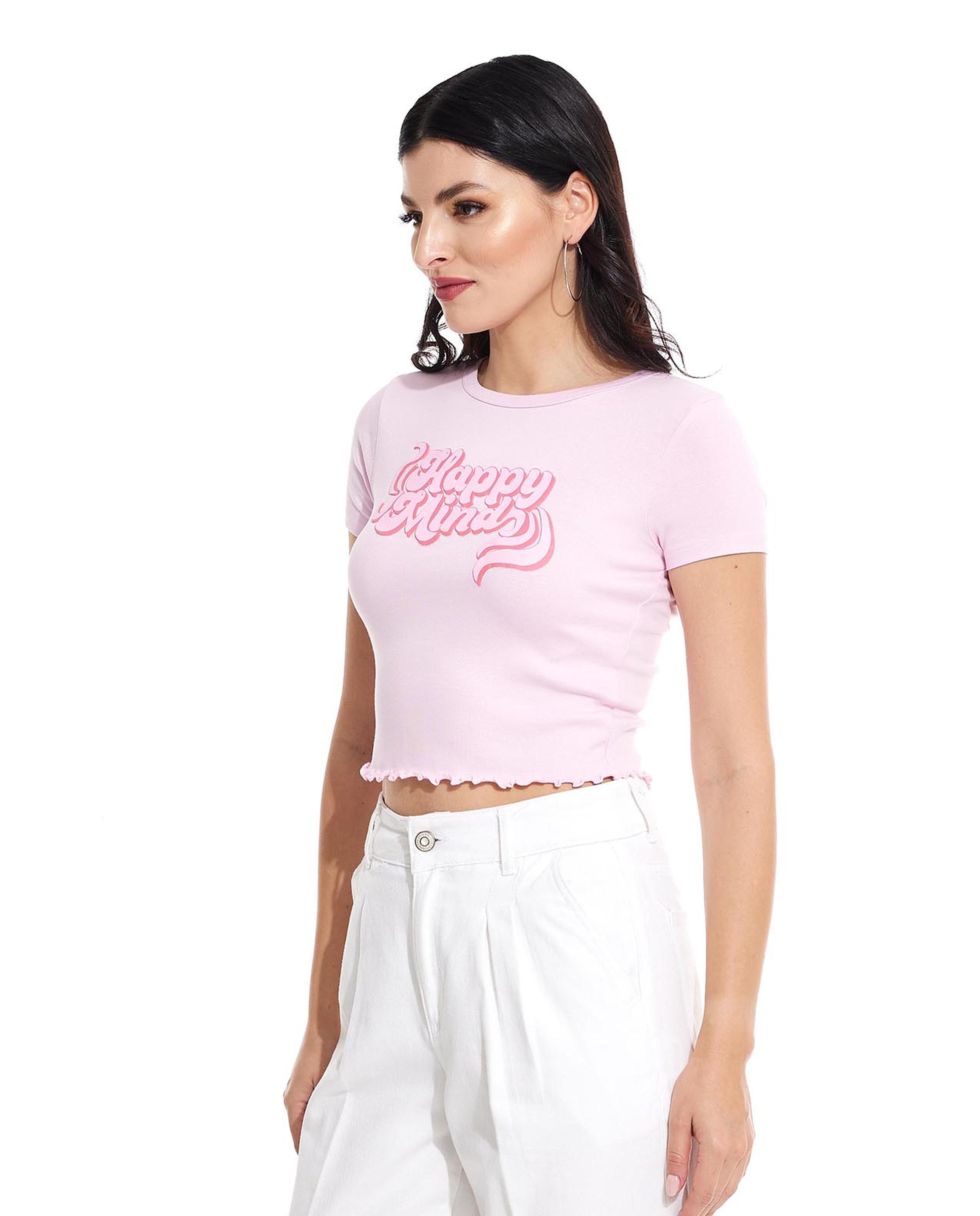 Printed Crop Top with Crew Neck and Short Sleeves