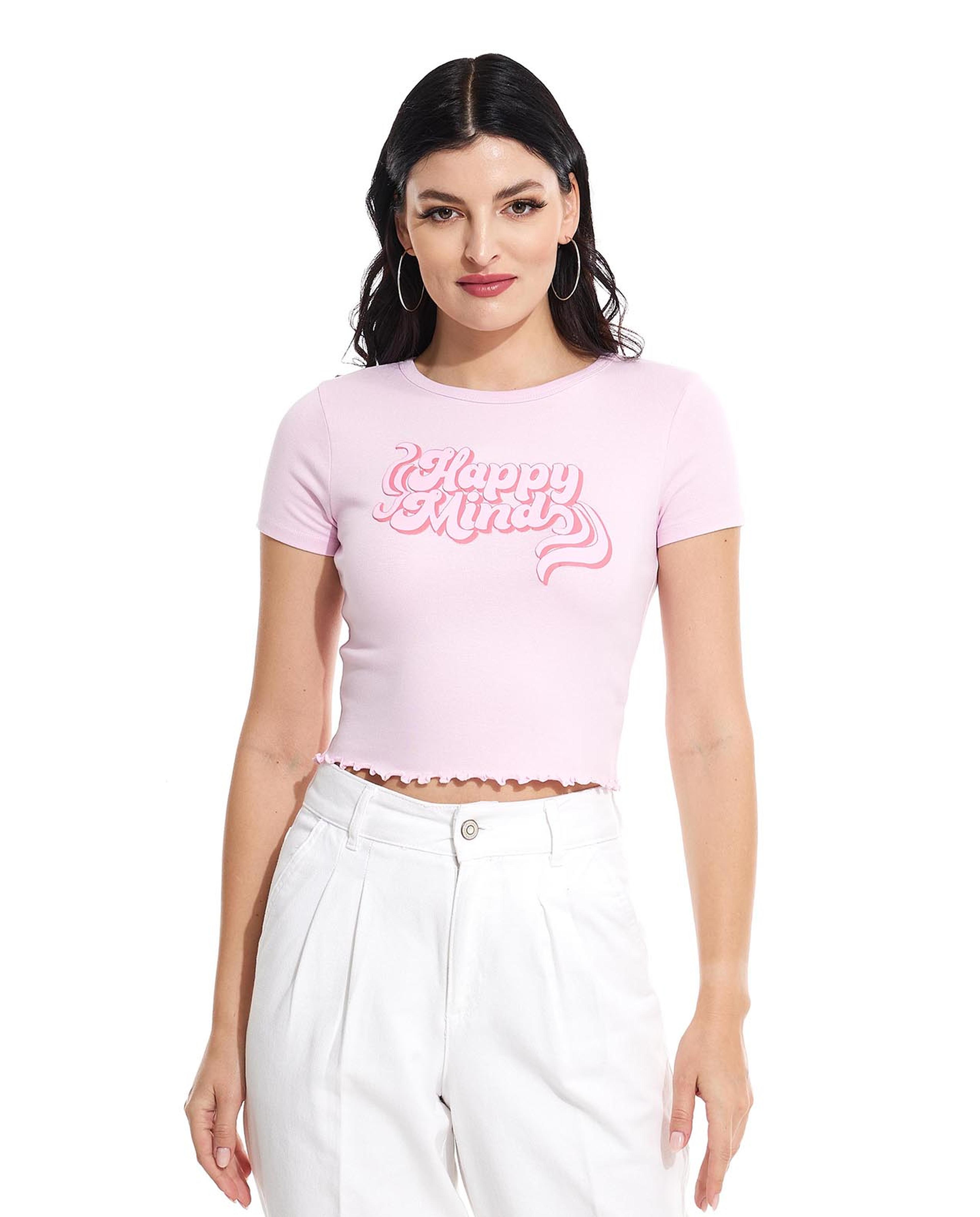 Printed Crop Top with Crew Neck and Short Sleeves