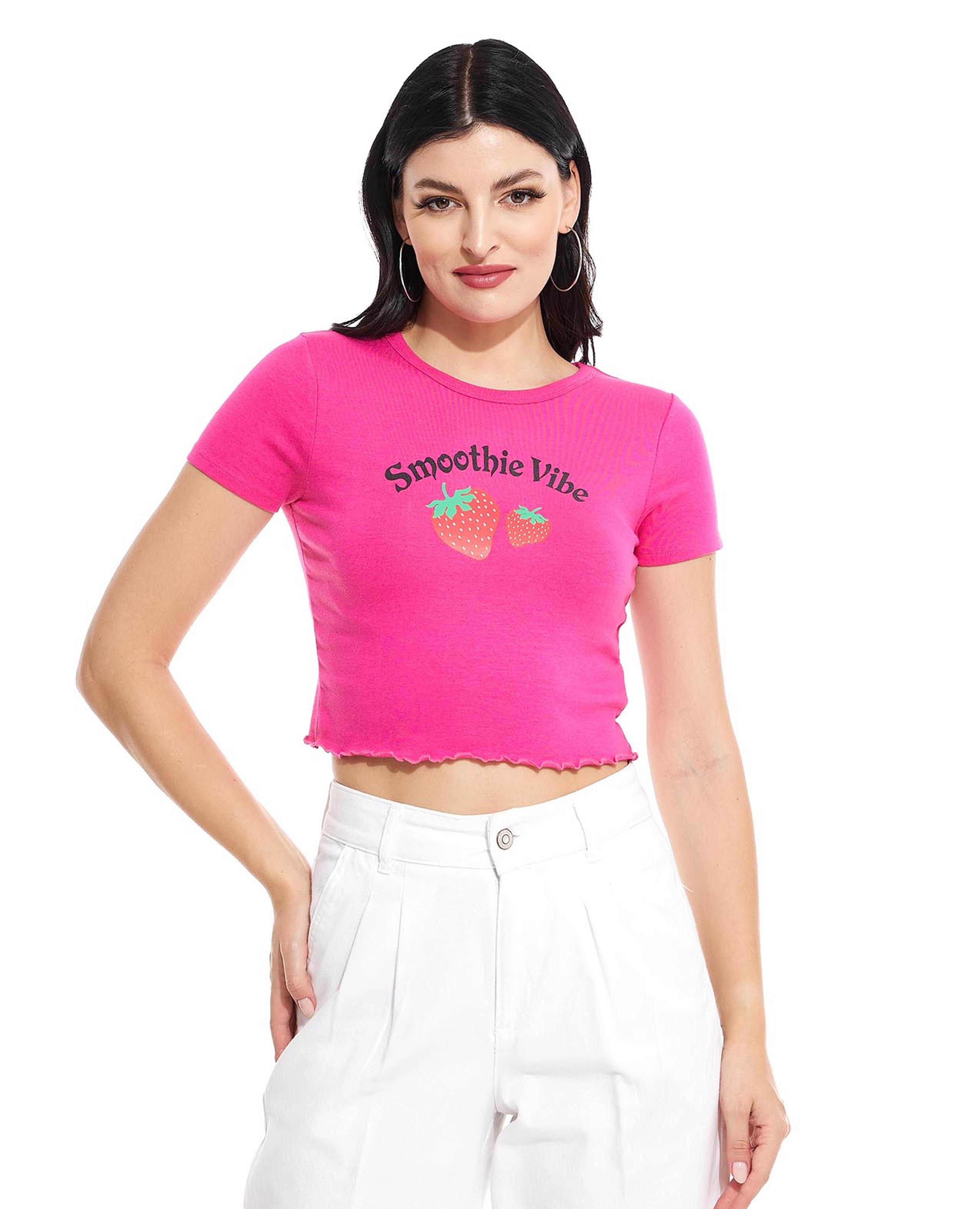 Printed Crop Top with Crew Neck and Short Sleeves