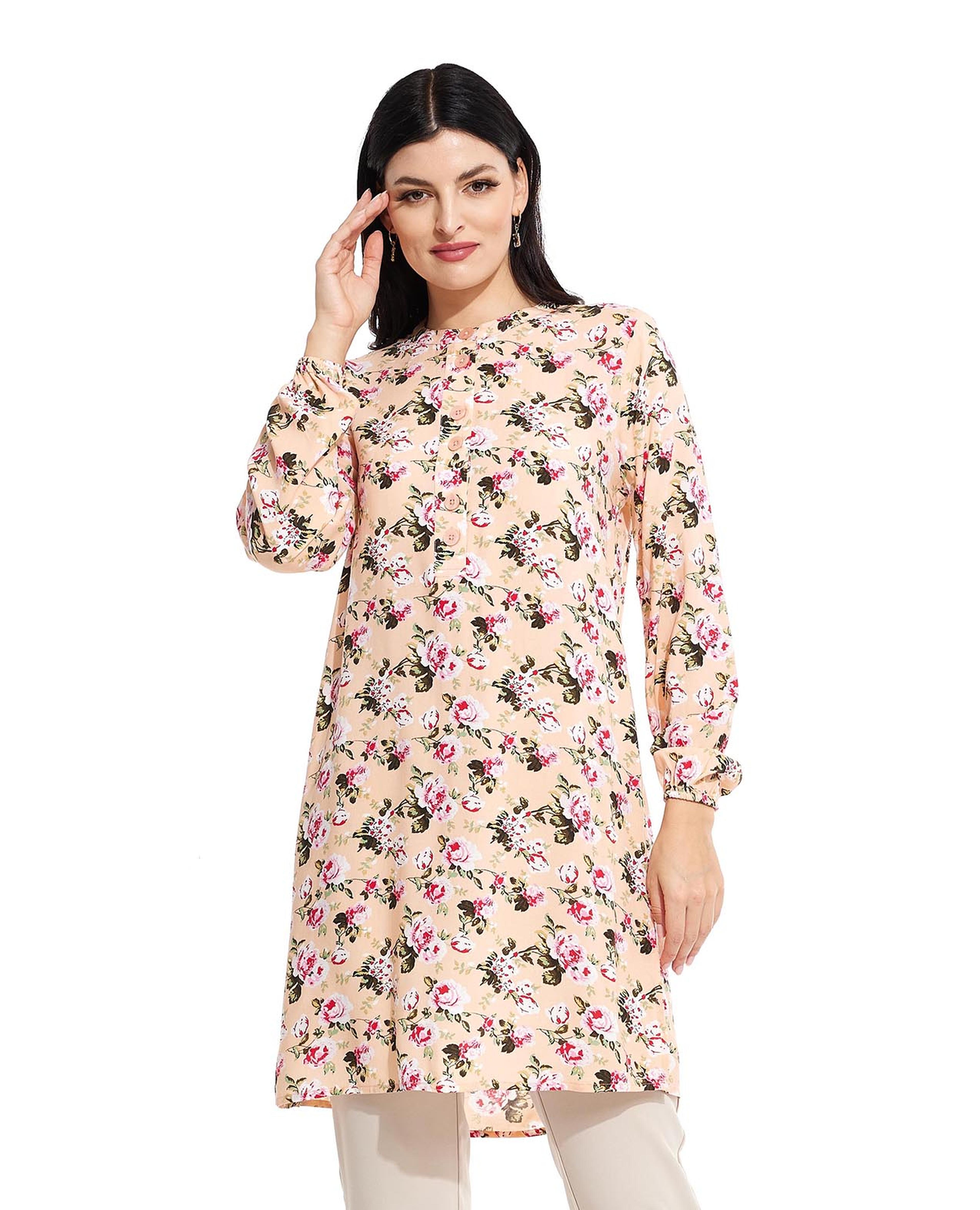 Floral Print Tunic with Stand Collar and Long Sleeves