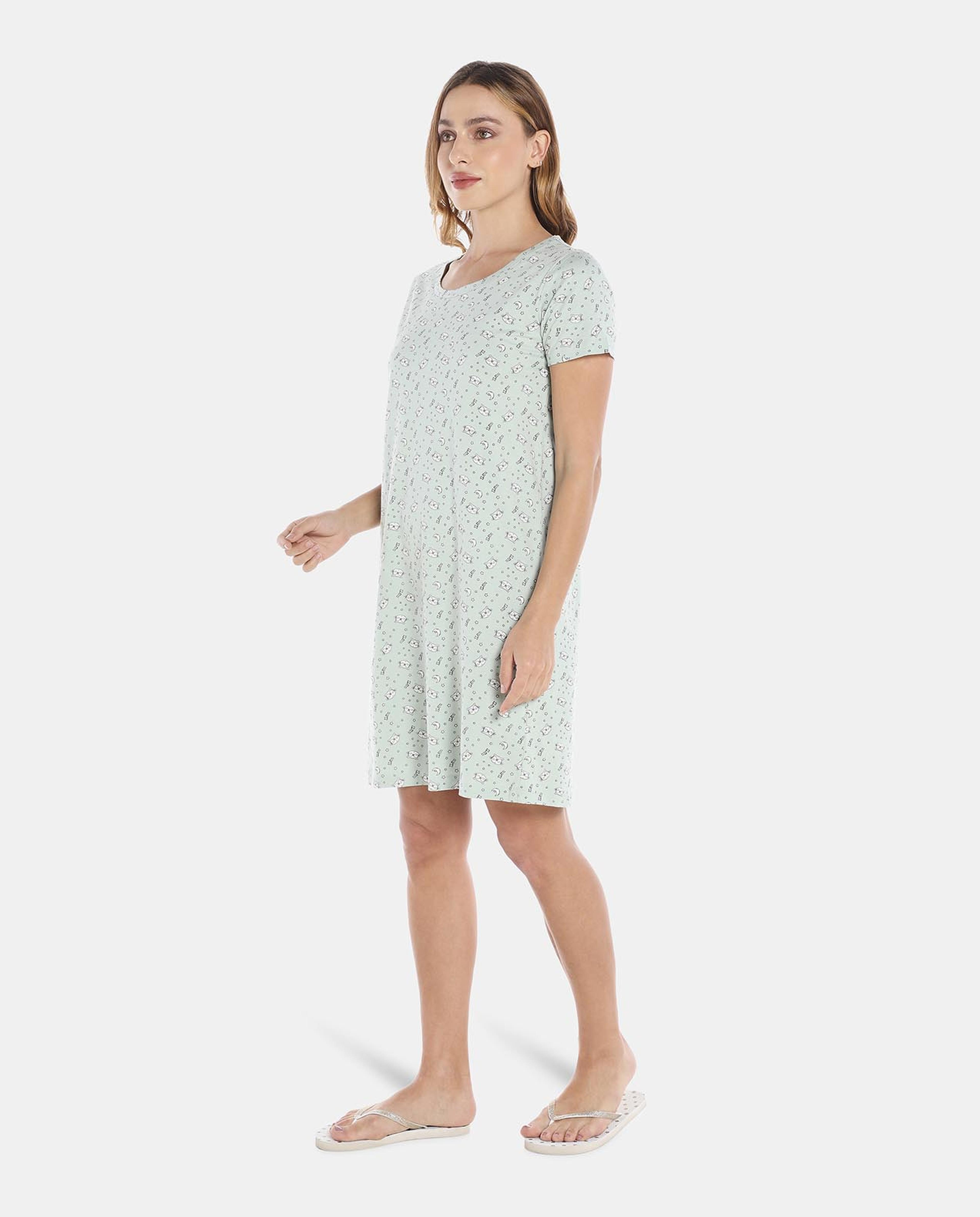 Green Printed Round Neck Nightdress