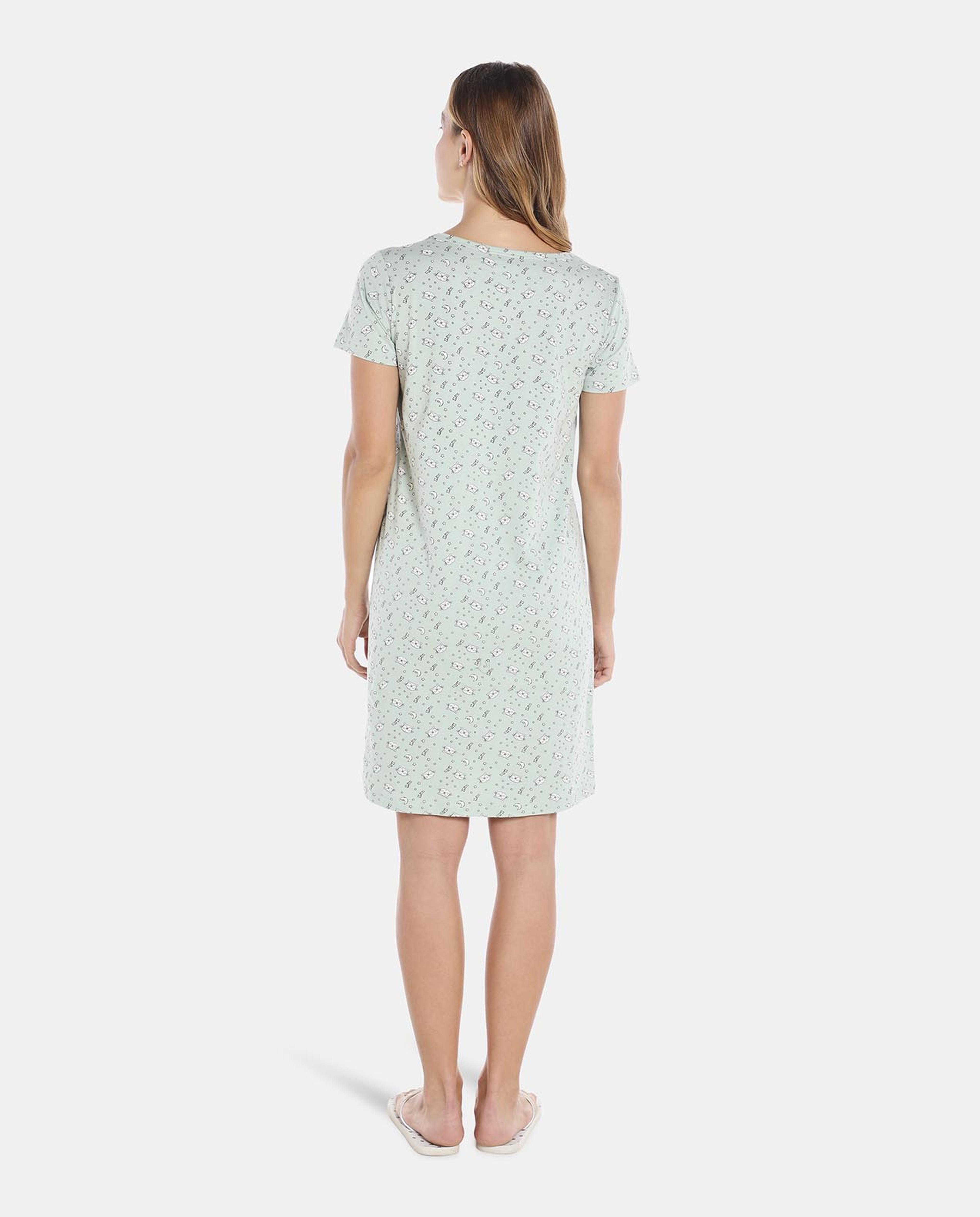 Green Printed Round Neck Nightdress