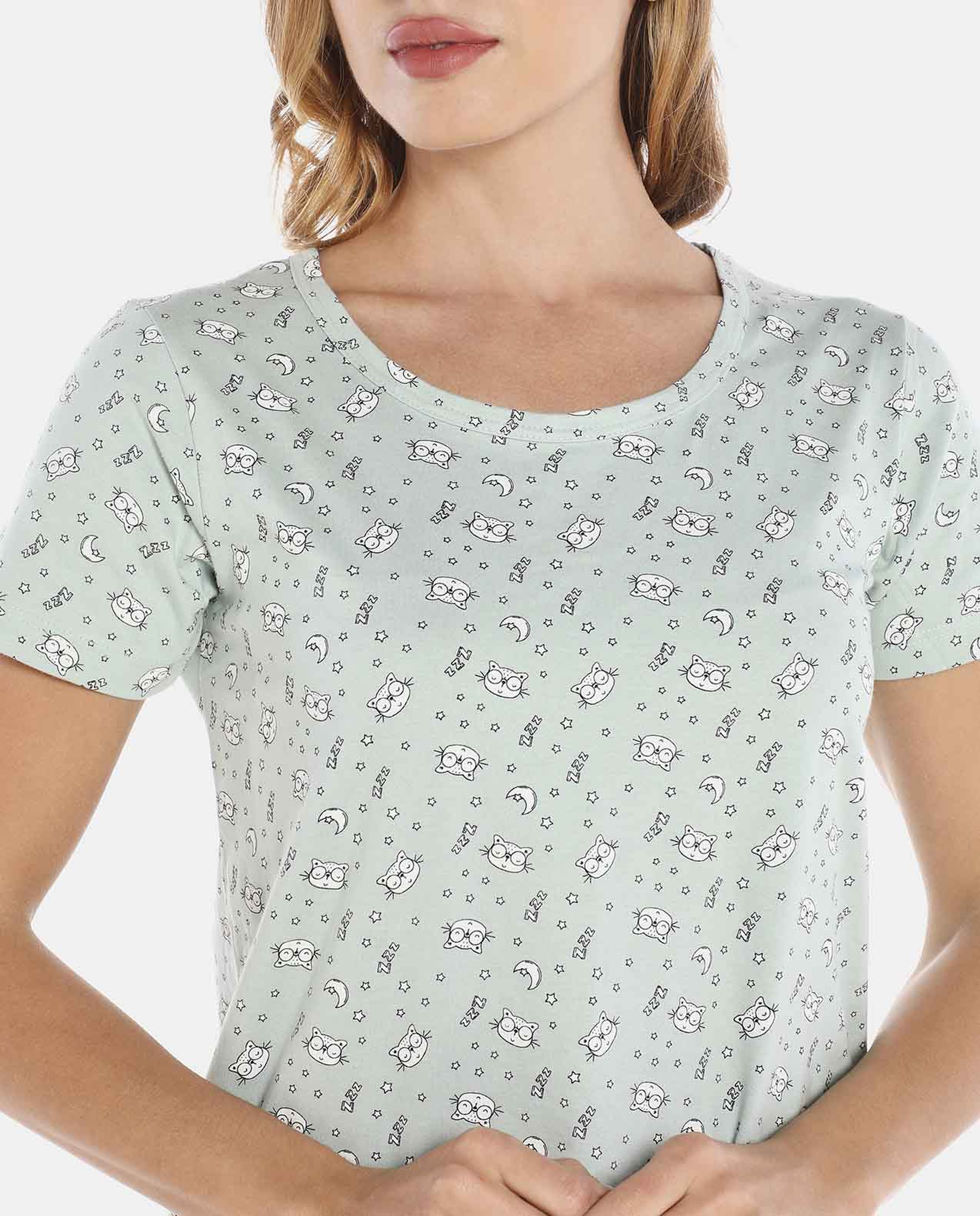 Green Printed Round Neck Nightdress