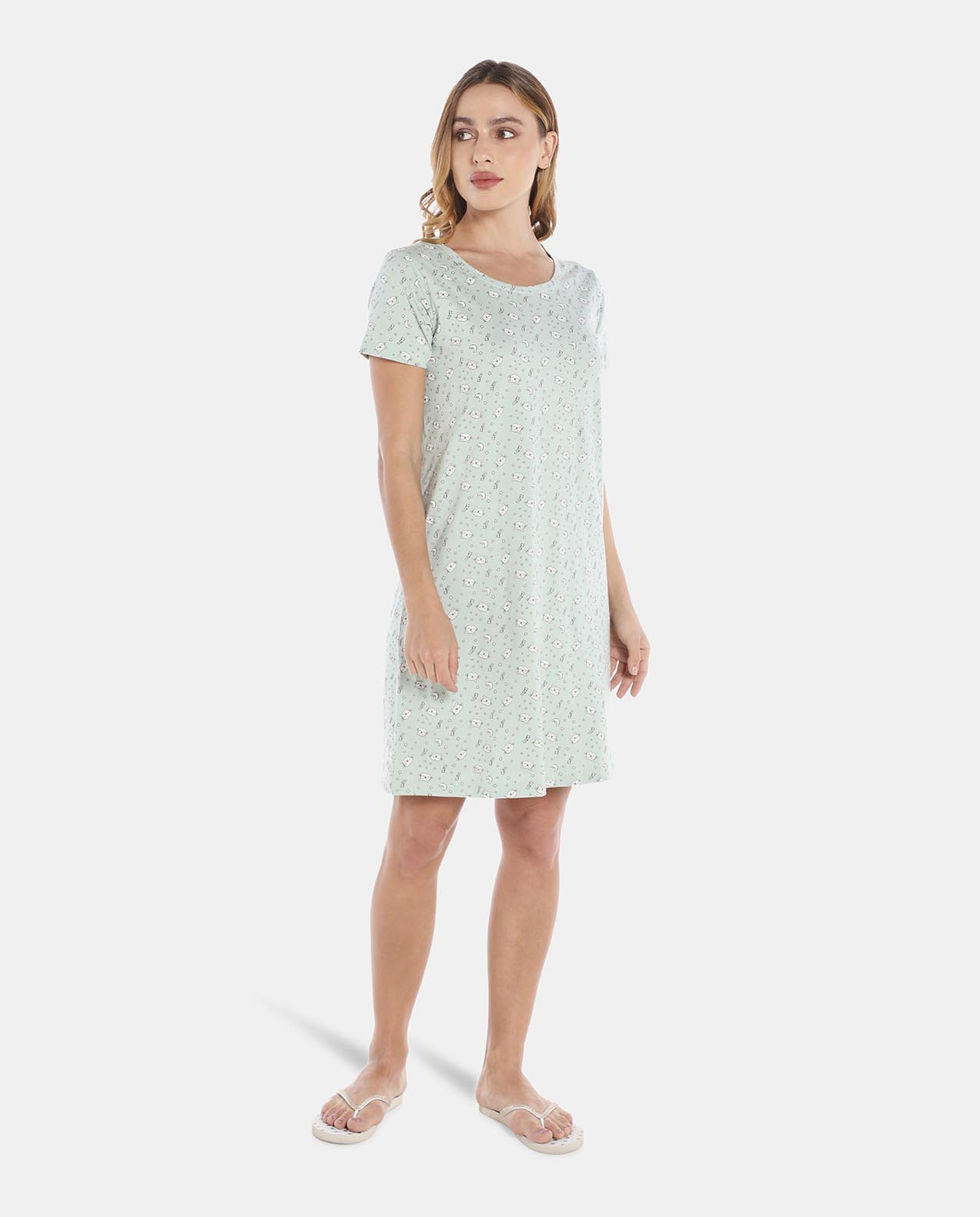 Green Printed Round Neck Nightdress