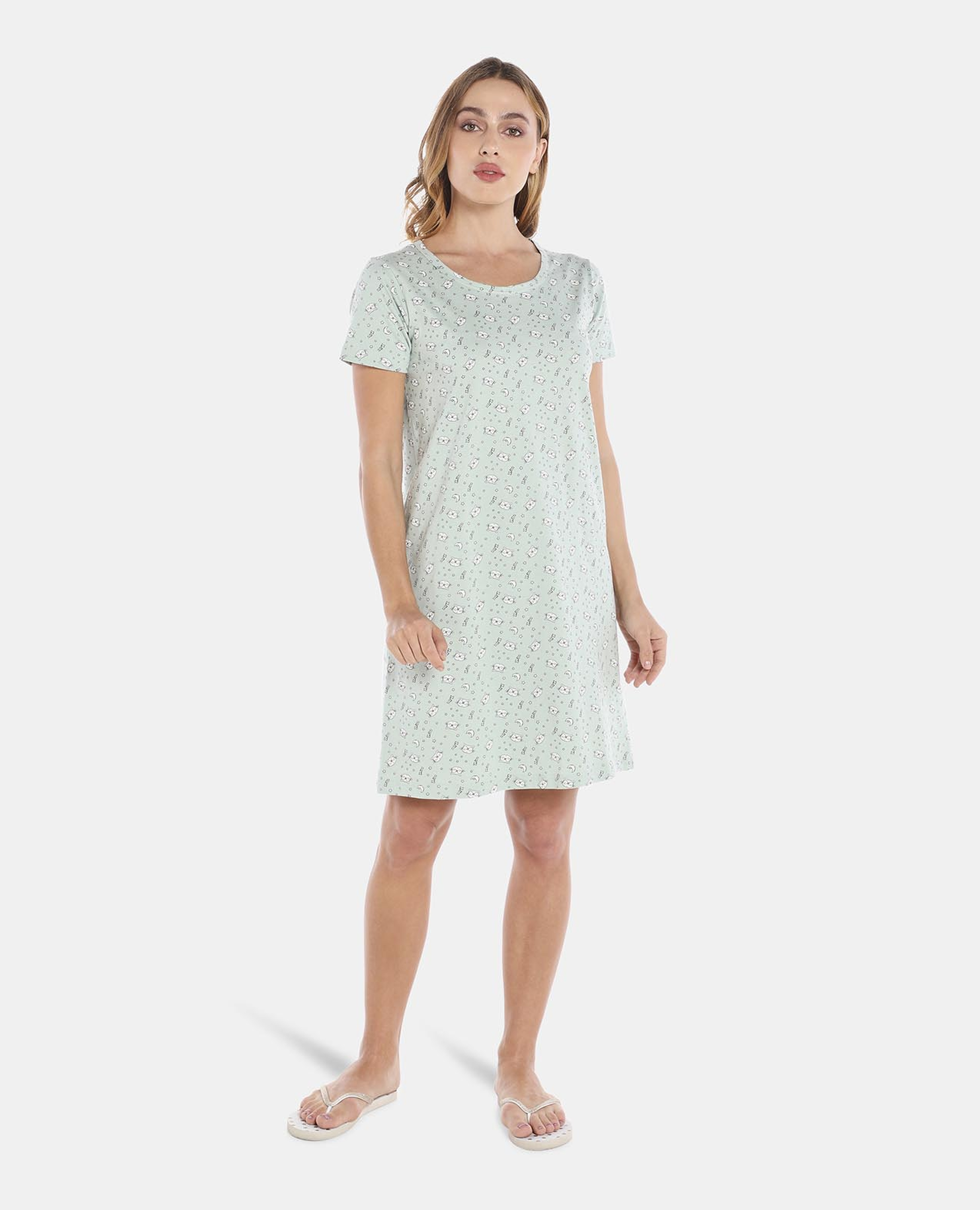 Green Printed Round Neck Nightdress