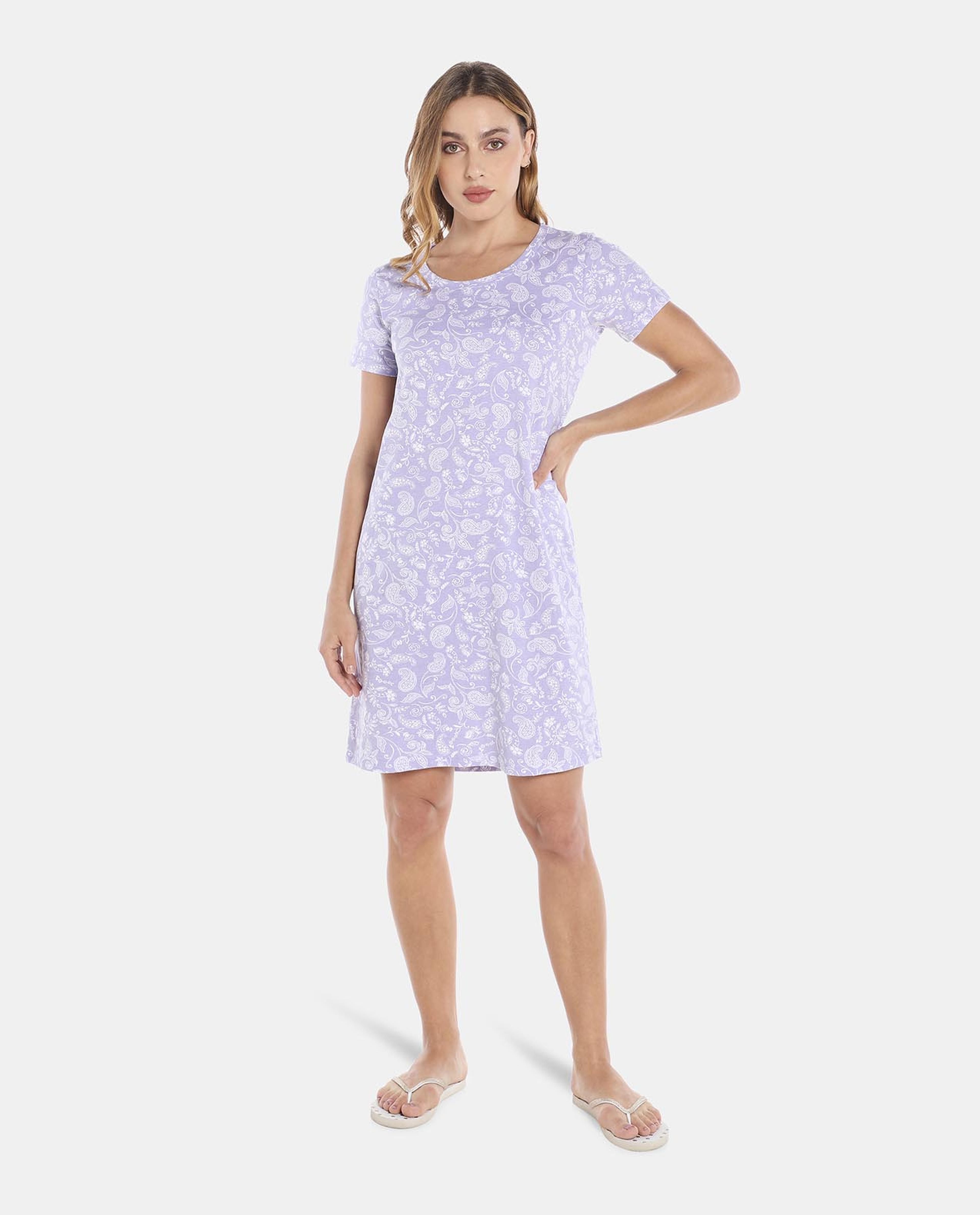 Lilac Printed Round Neck Nightdress